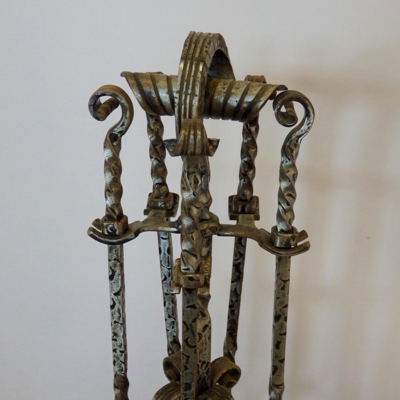 Rustic Gothic Style Four-Piece Wrought Iron Fire Tool Set on Stand For ...