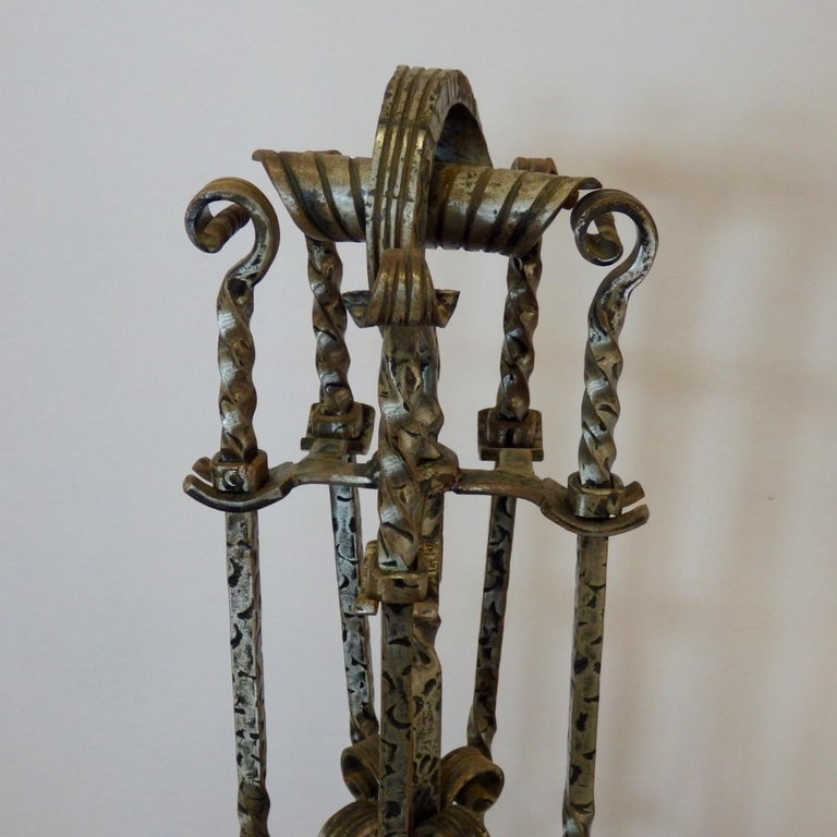 Rustic Gothic Style FourPiece Wrought Iron Fire Tool Set on Stand For