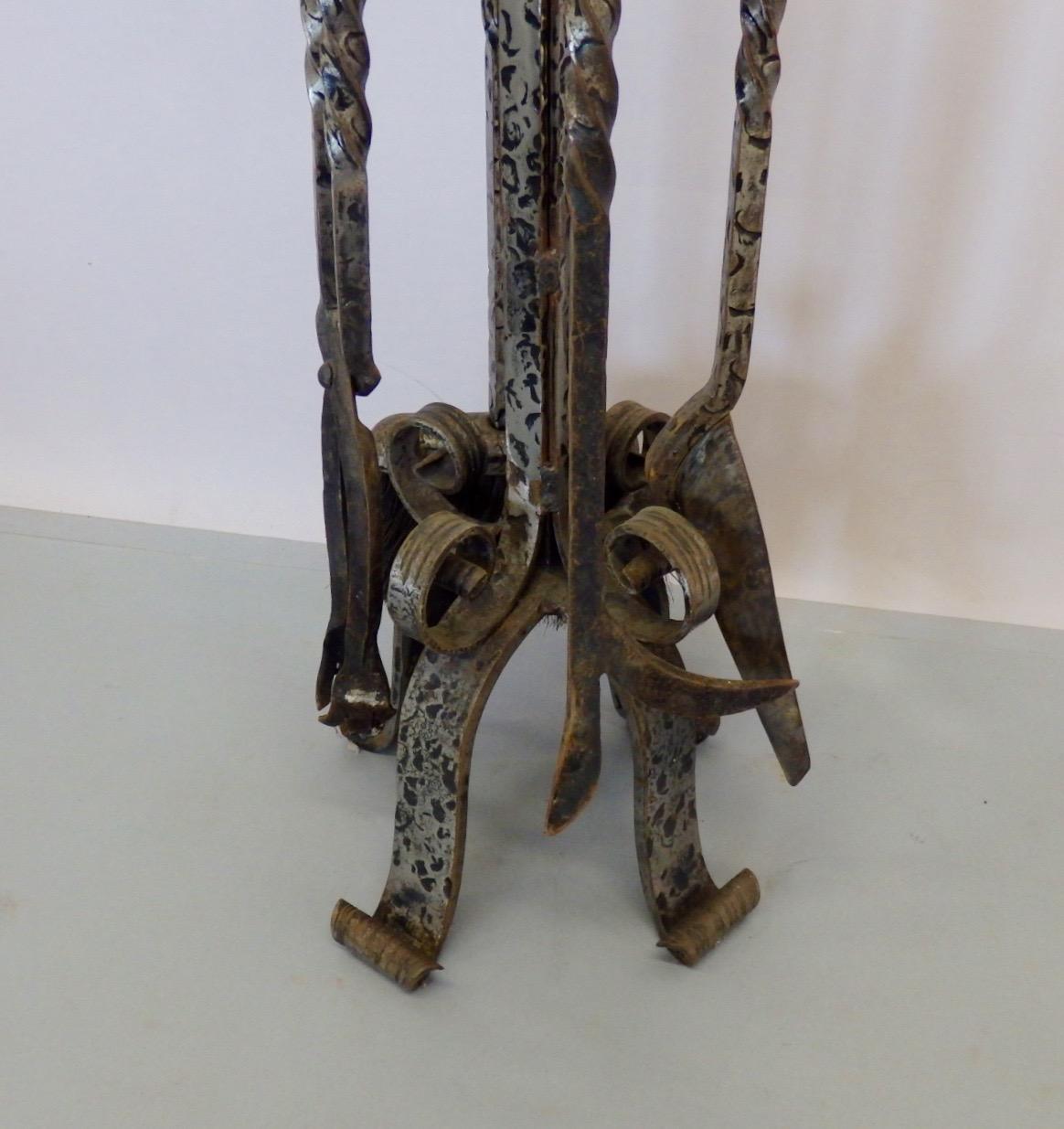 Rustic Gothic Style Four-Piece Wrought Iron Fire Tool Set on Stand 1