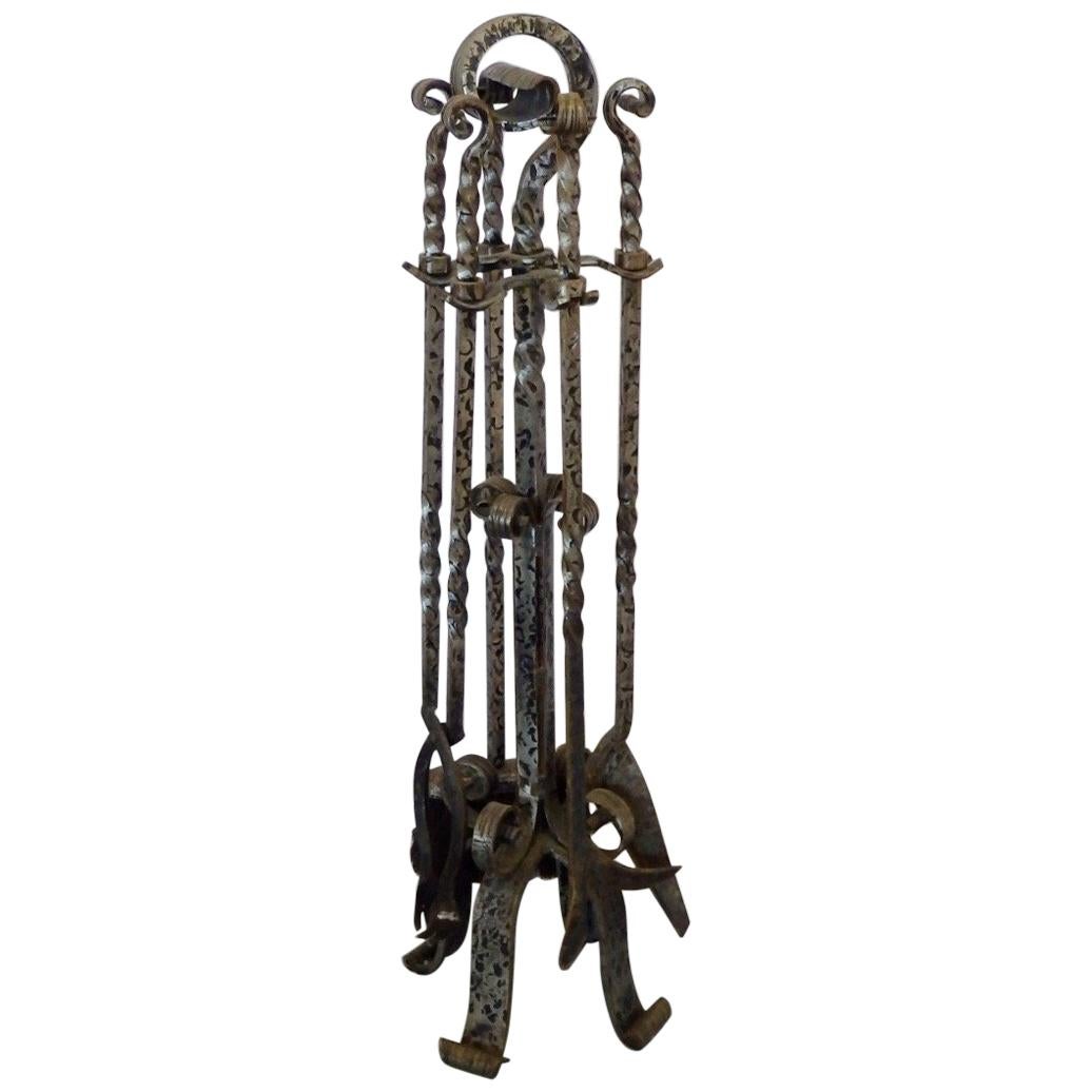 Rustic Gothic Style Four-Piece Wrought Iron Fire Tool Set on Stand