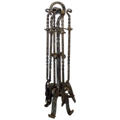 Rustic Gothic Style Four-Piece Wrought Iron Fire Tool Set on Stand