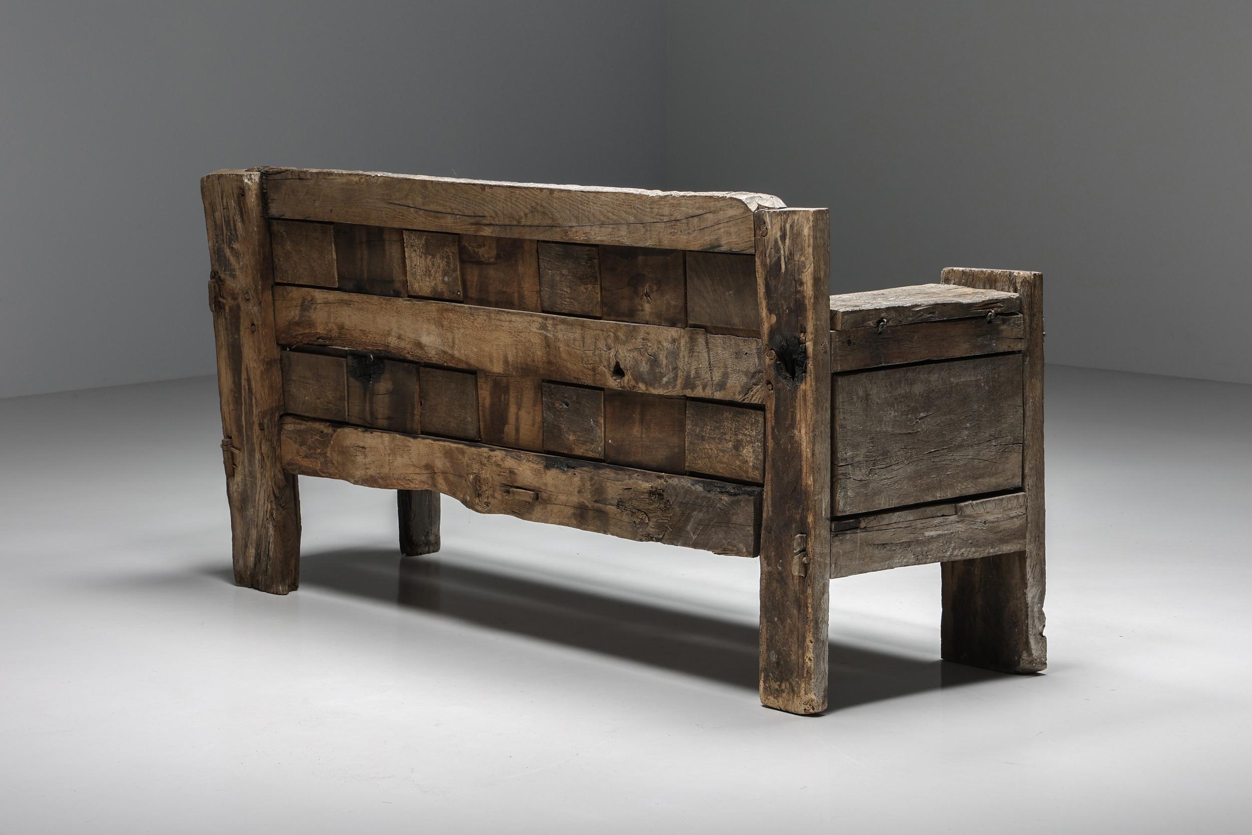Rustic Graphical Bench with Arm Rests, French Craftsmanship, Patina, 1800's In Fair Condition In Antwerp, BE