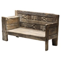 Rustic Graphical Bench with Arm Rests, French Craftsmanship, Patina, 1800's