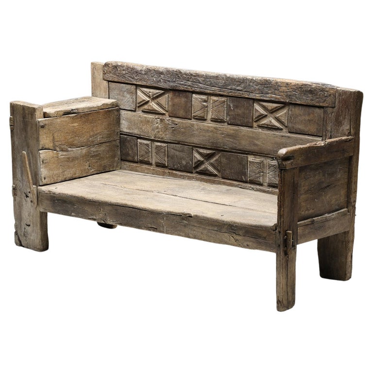 Rustic Graphical Bench with Arm Rests, French Craftsmanship, Patina, 1800's For Sale
