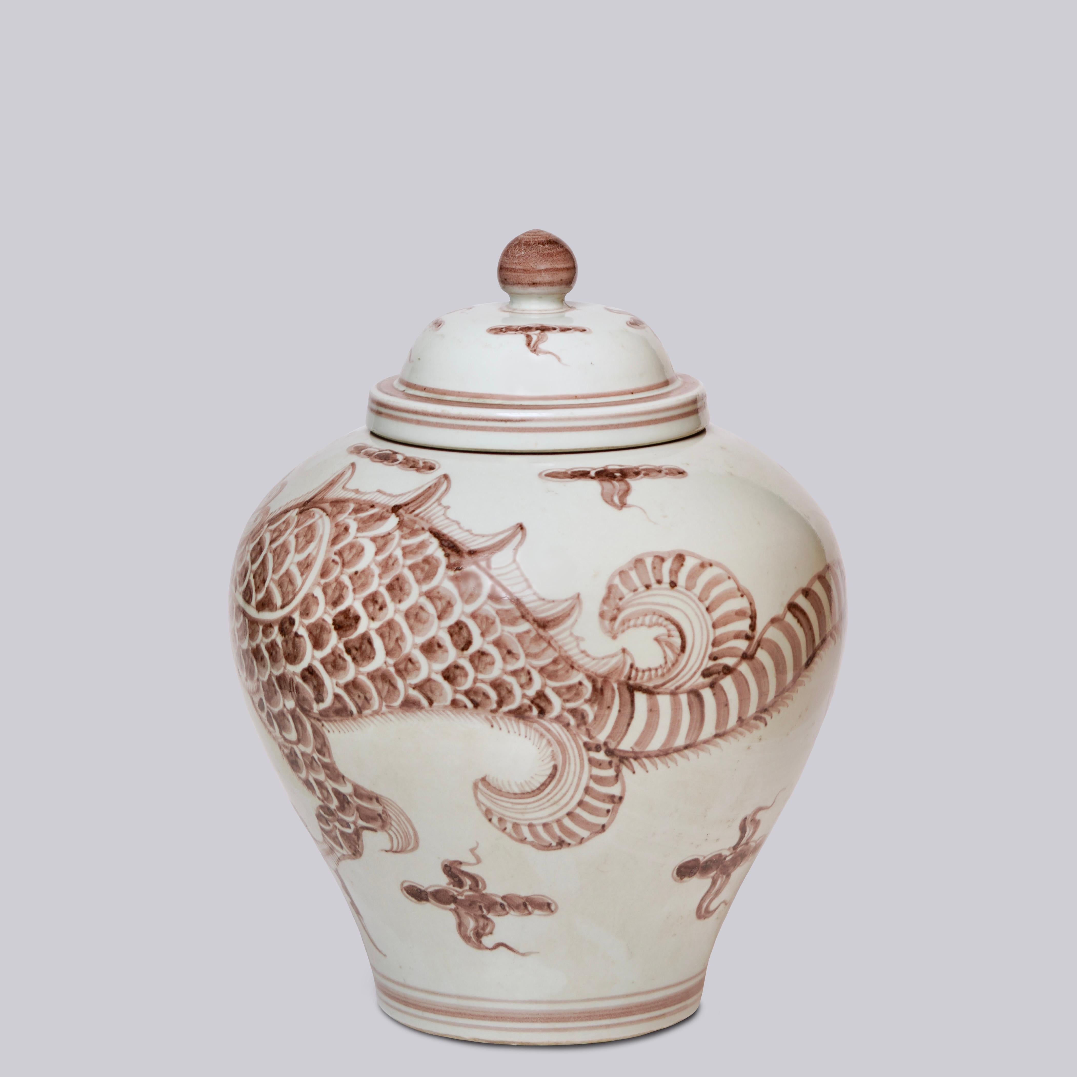 Chinese Rustic Grass Dragon Red and White Porcelain Temple Jar For Sale