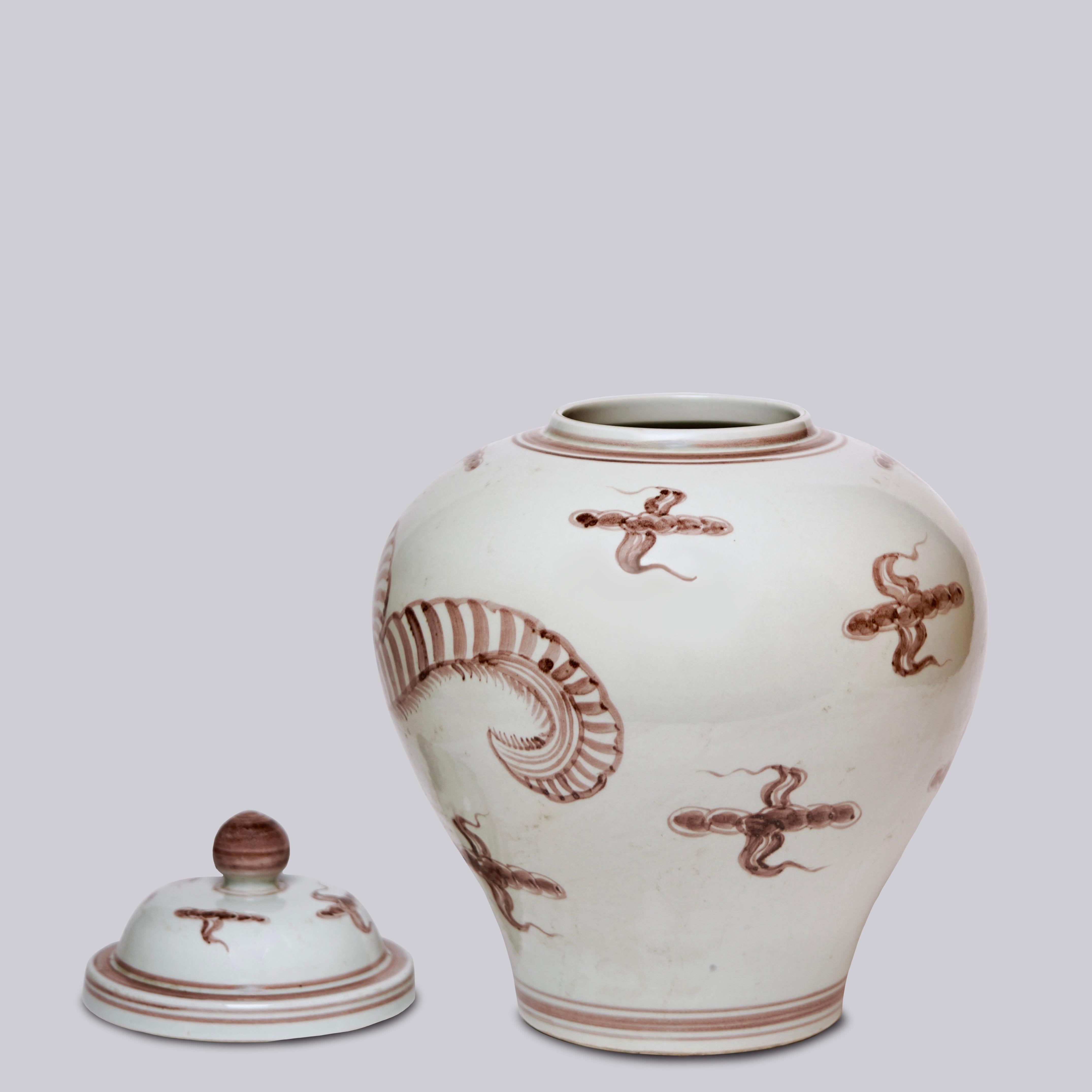 Fired Rustic Grass Dragon Red and White Porcelain Temple Jar For Sale