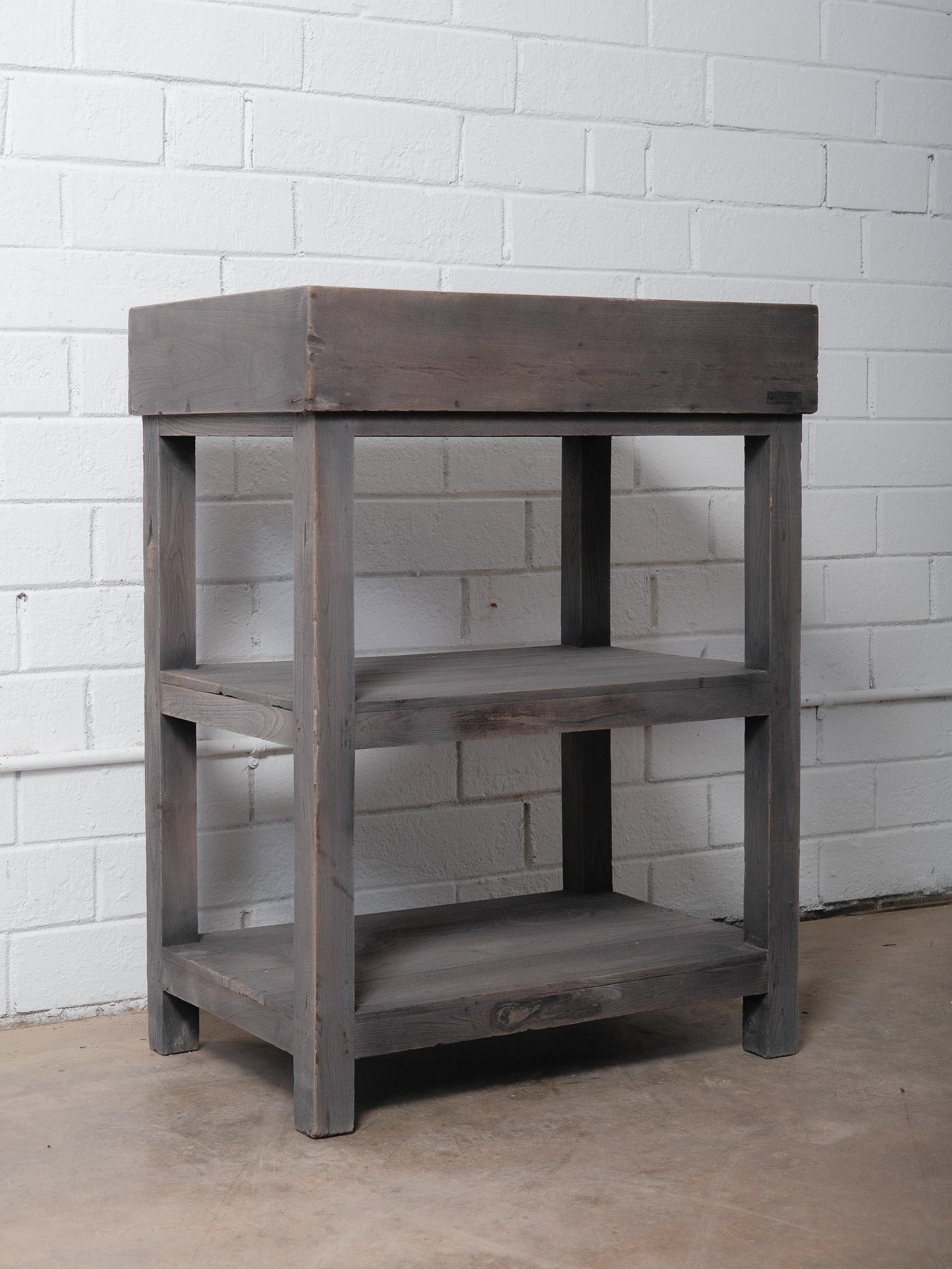 Indian Rustic Gray Finish Wooden Tray Three-Tier Display Shelf For Sale