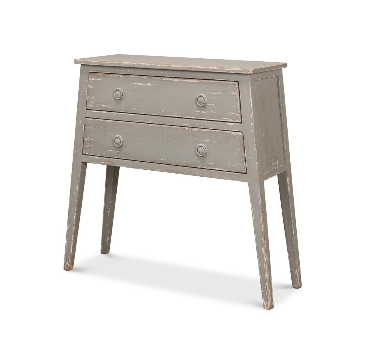 A delightful nod to yesteryear's aesthetics, crafted for the modern home. This piece exudes a shabby chic allure with its weathered gray finish that tells a story of timeless elegance.

Designed with a slim profile, this accent table fits seamlessly