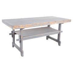 Rustic Gray Painted Kitchen Island Work Table With Shelf, Hungary circa 1890