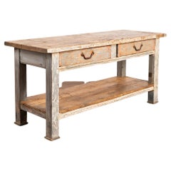 Rustic Gray Painted Work Table or Kitchen Island with Shelf, Hungary, circa 1880
