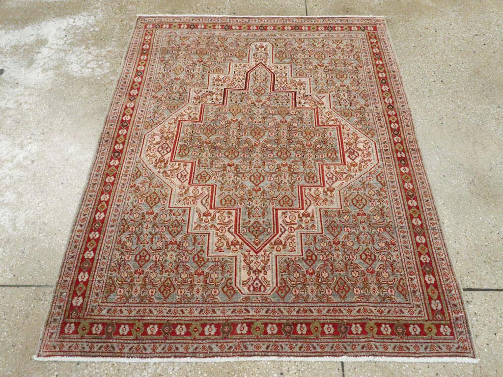 Hand-Knotted Rustic Grey, Red, & Cream Early 20th Century Handmade Persian Senneh Throw Rug For Sale