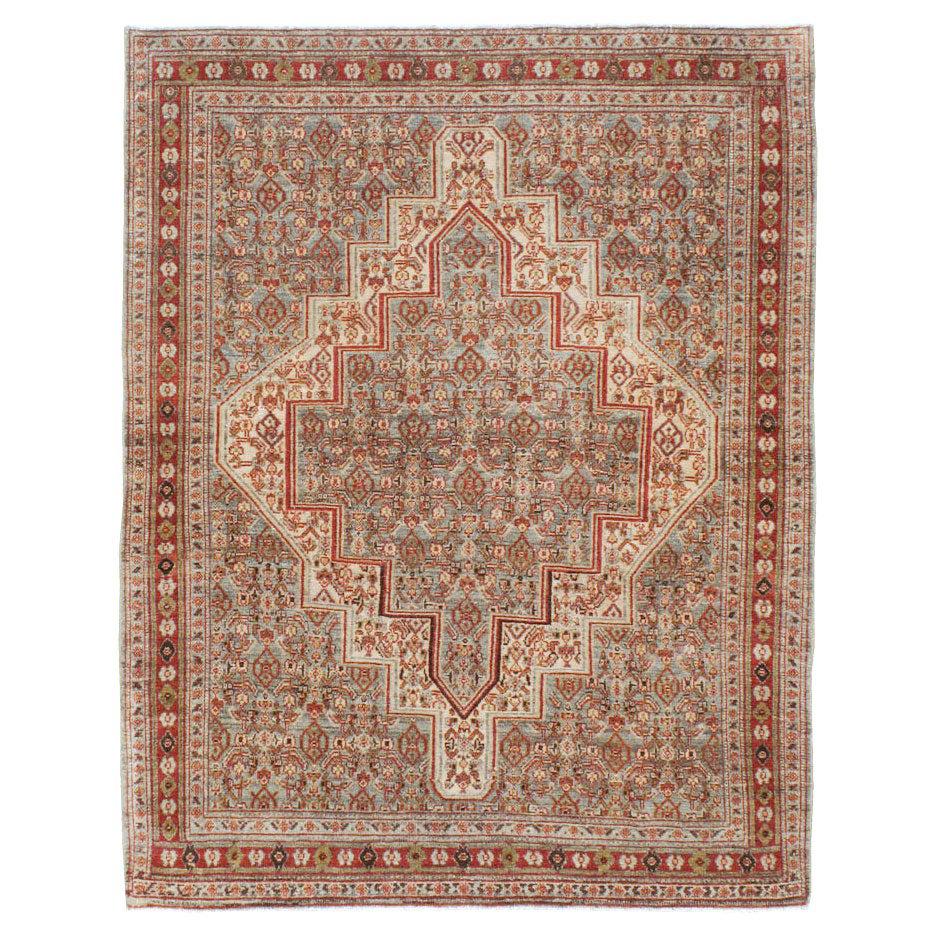 Rustic Grey, Red, & Cream Early 20th Century Handmade Persian Senneh Throw Rug For Sale