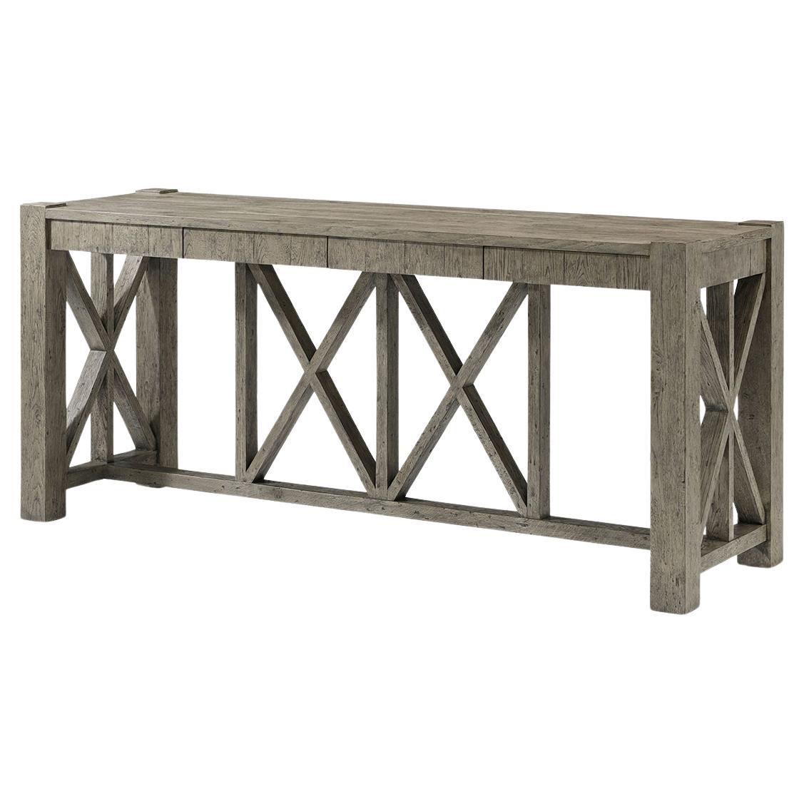 Grande table console rustique en chêne grisé