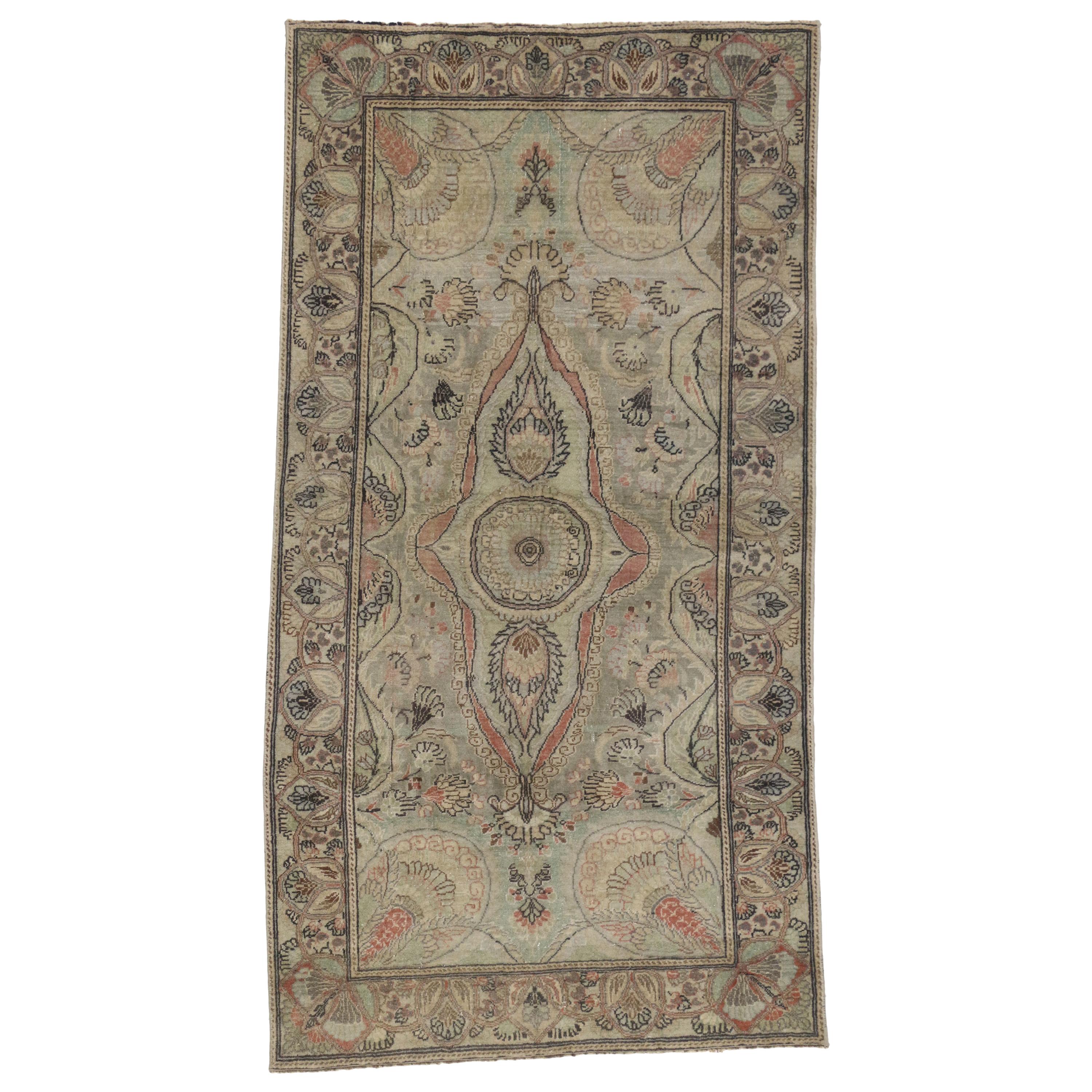 Distressed Vintage Turkish Oushak Rug with Modern Rustic Gustavian Style 