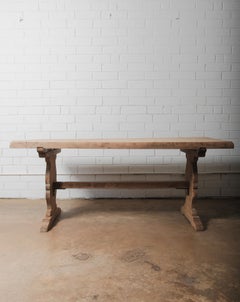 Rustic Hand-Carved Pine Trestle Dining Table with Shaped Pedestal Base