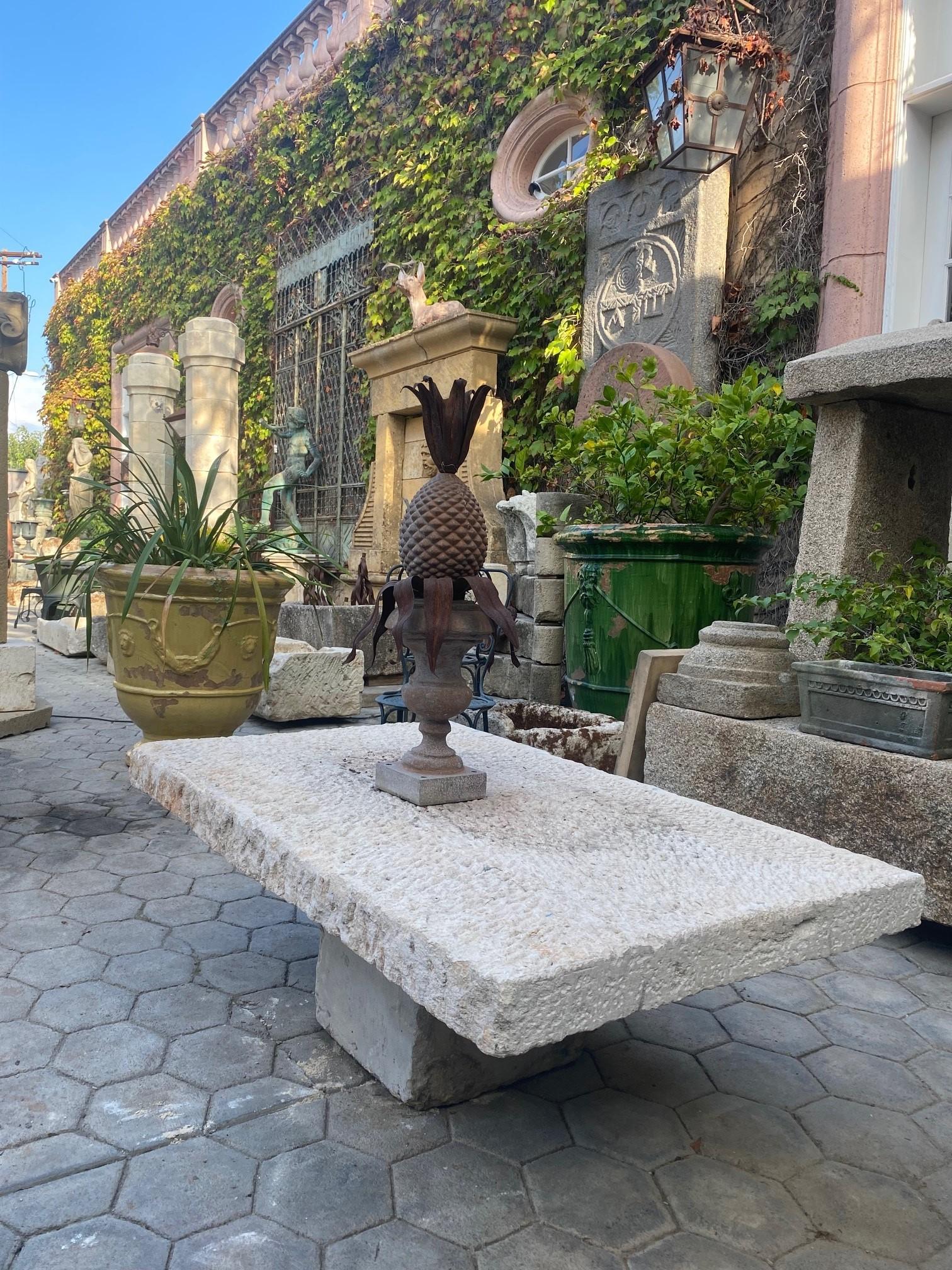 Rustic hand carved stone Garden coffee Farm patio table outdoor indoor Antique. Large 18th century Hand carved stone antique elements garden low coffee Farm table on a simple single carved stone base pedestal stone base. 
It will be the perfect