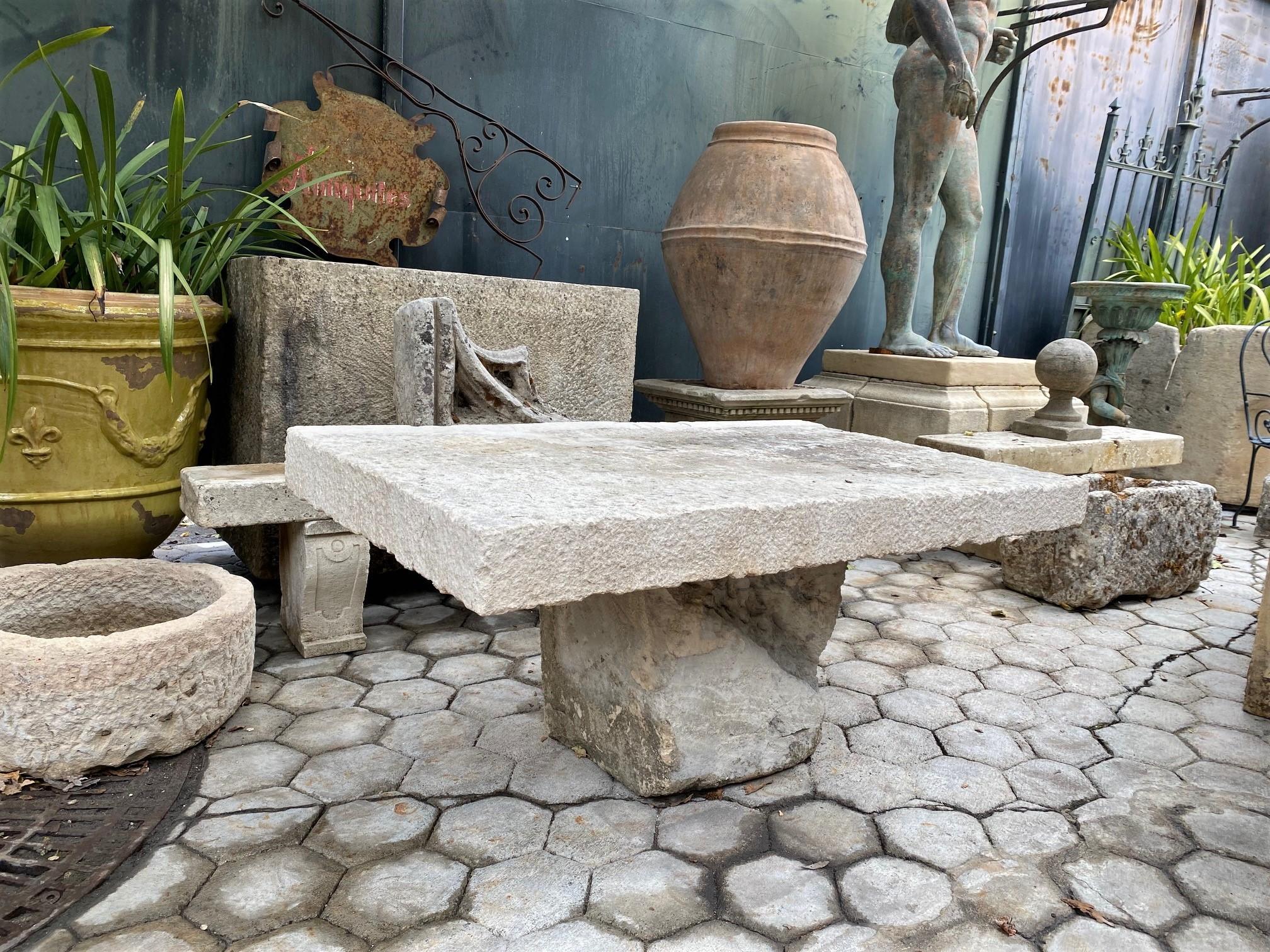 Rustic Hand Carved Stone Garden Coffee Farm Patio Table Outdoor Indoor Antique In Good Condition In West Hollywood, CA