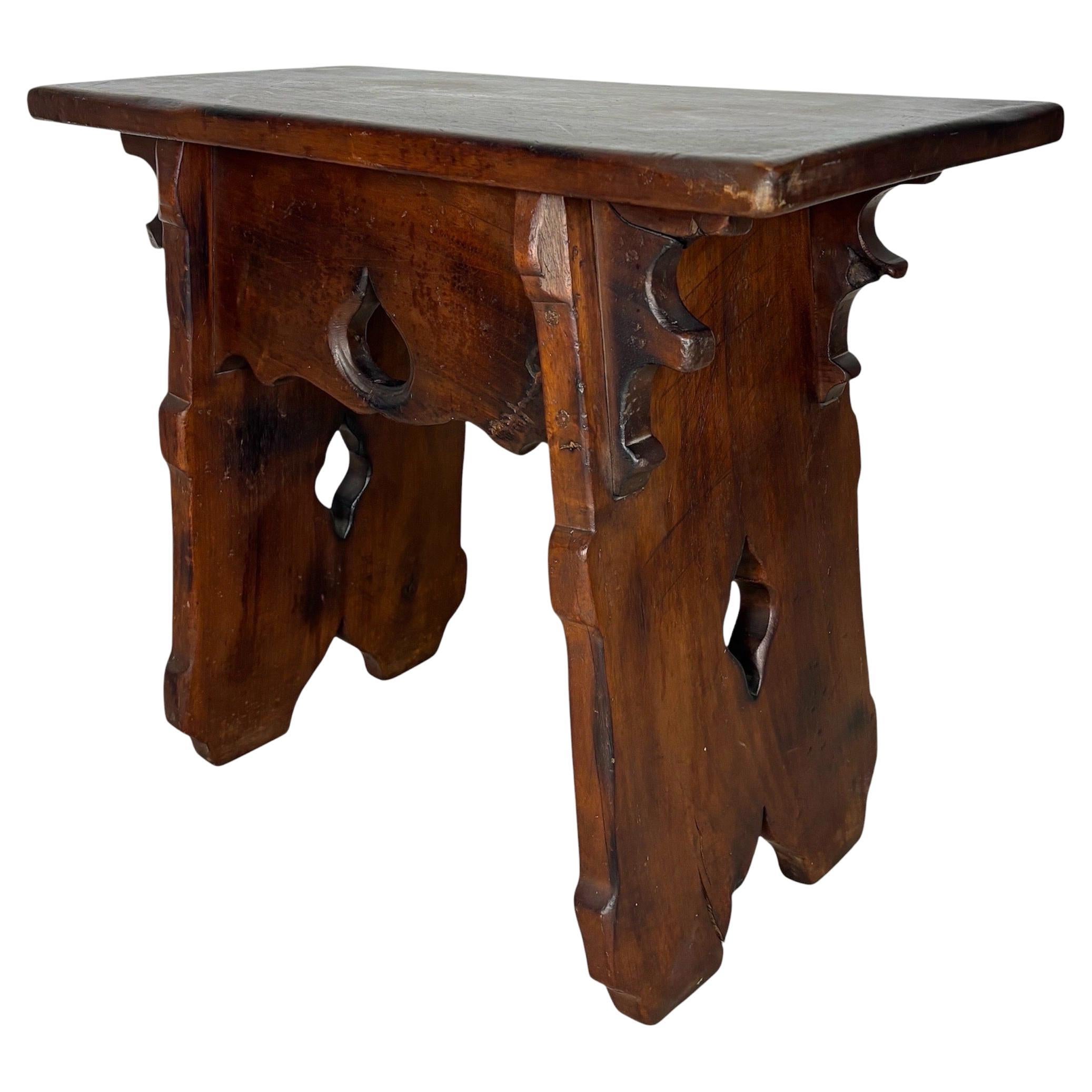 Rustic Hand-Carved Walnut Stool or Side Table, Early-20th Century For Sale