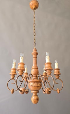 Rustic Hand-Carved Wood and Wrought Iron Chandelier, 1950s