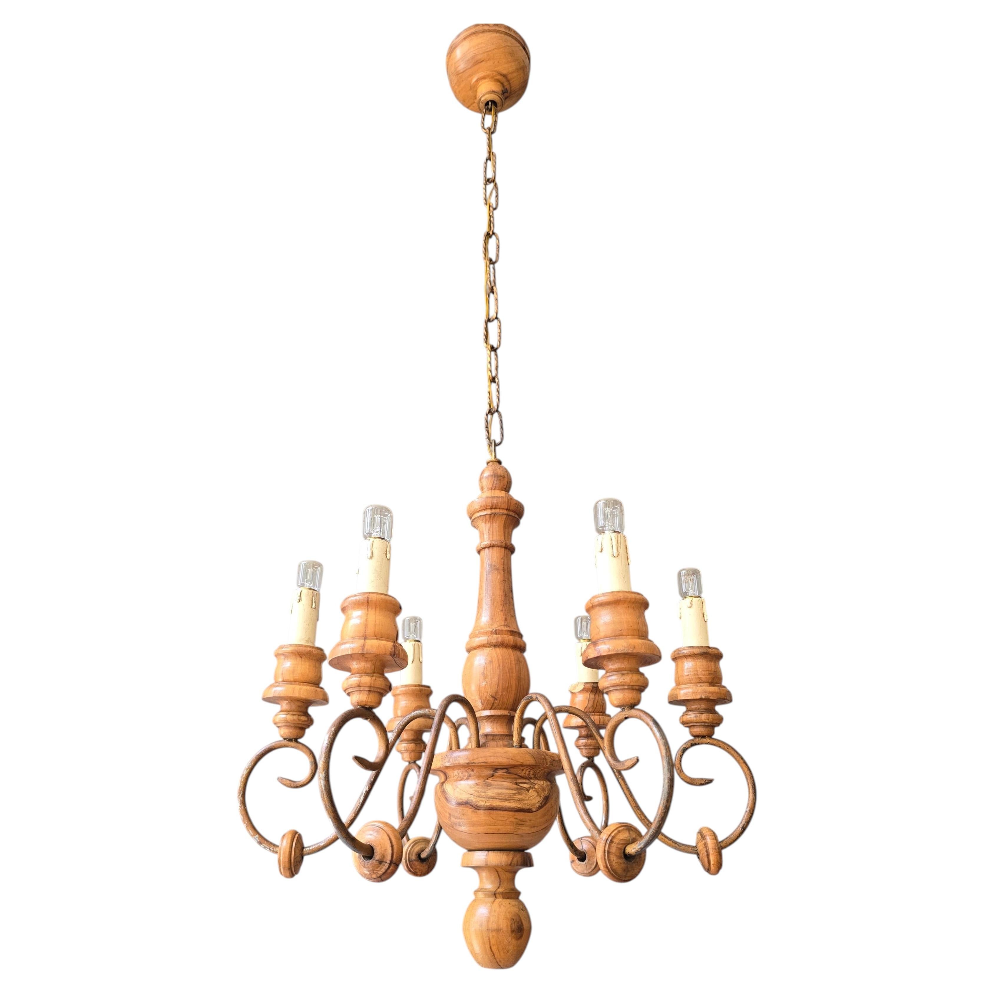 Rustic Hand-Carved Wood and Wrought Iron Chandelier, 1950s