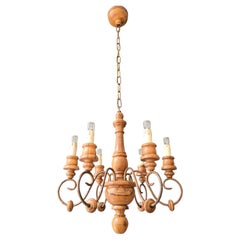 Rustic Hand-Carved Wood and Wrought Iron Chandelier, 1950s