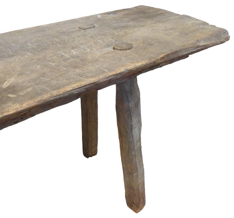Hand-Carved Rustic Hand-Hewn Wood Low Console Table or Bench For Sale