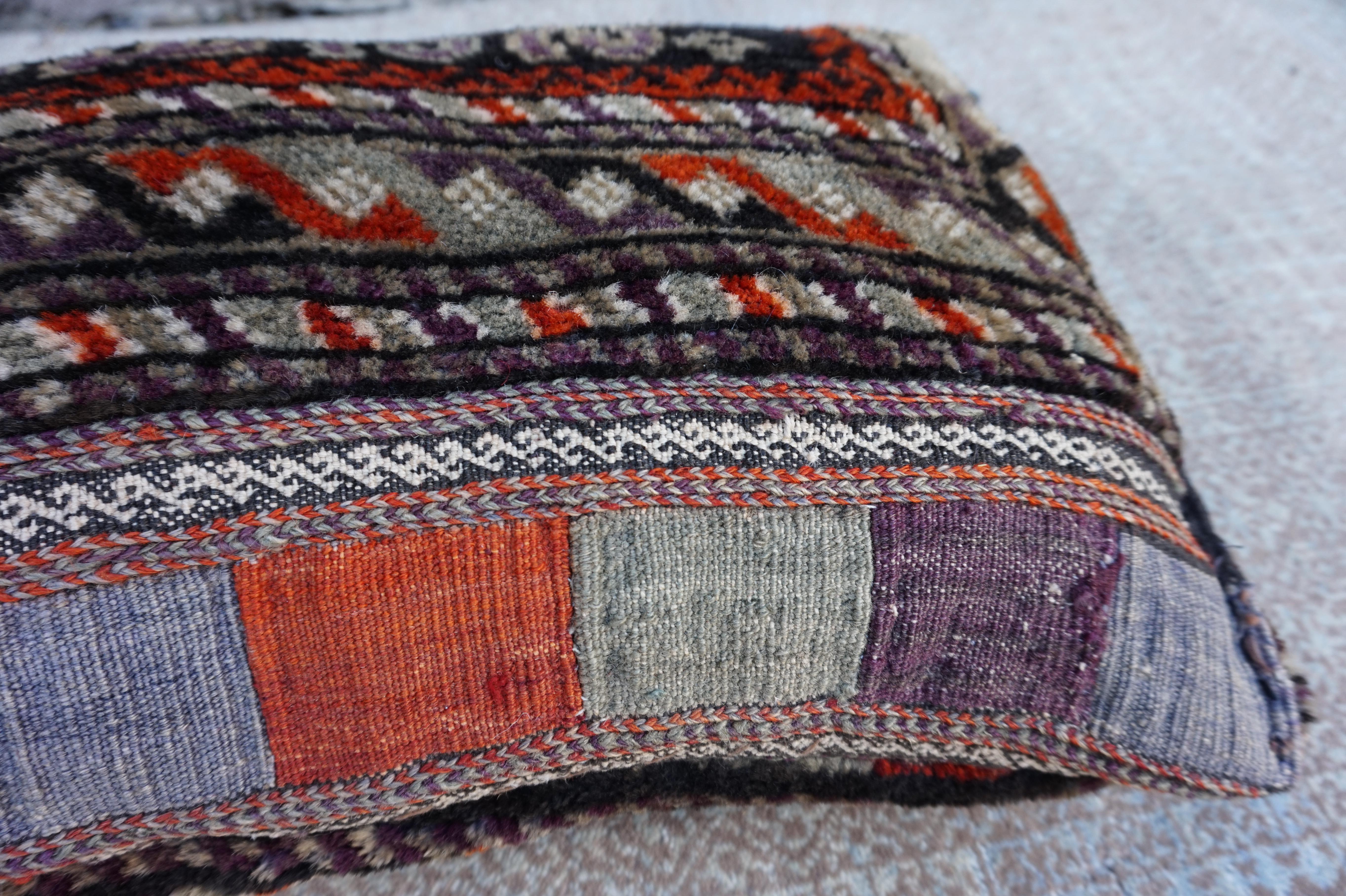Rustic Hand-Knotted Wool Cushion Pillow with Geometric Tribal Patterns For Sale 5
