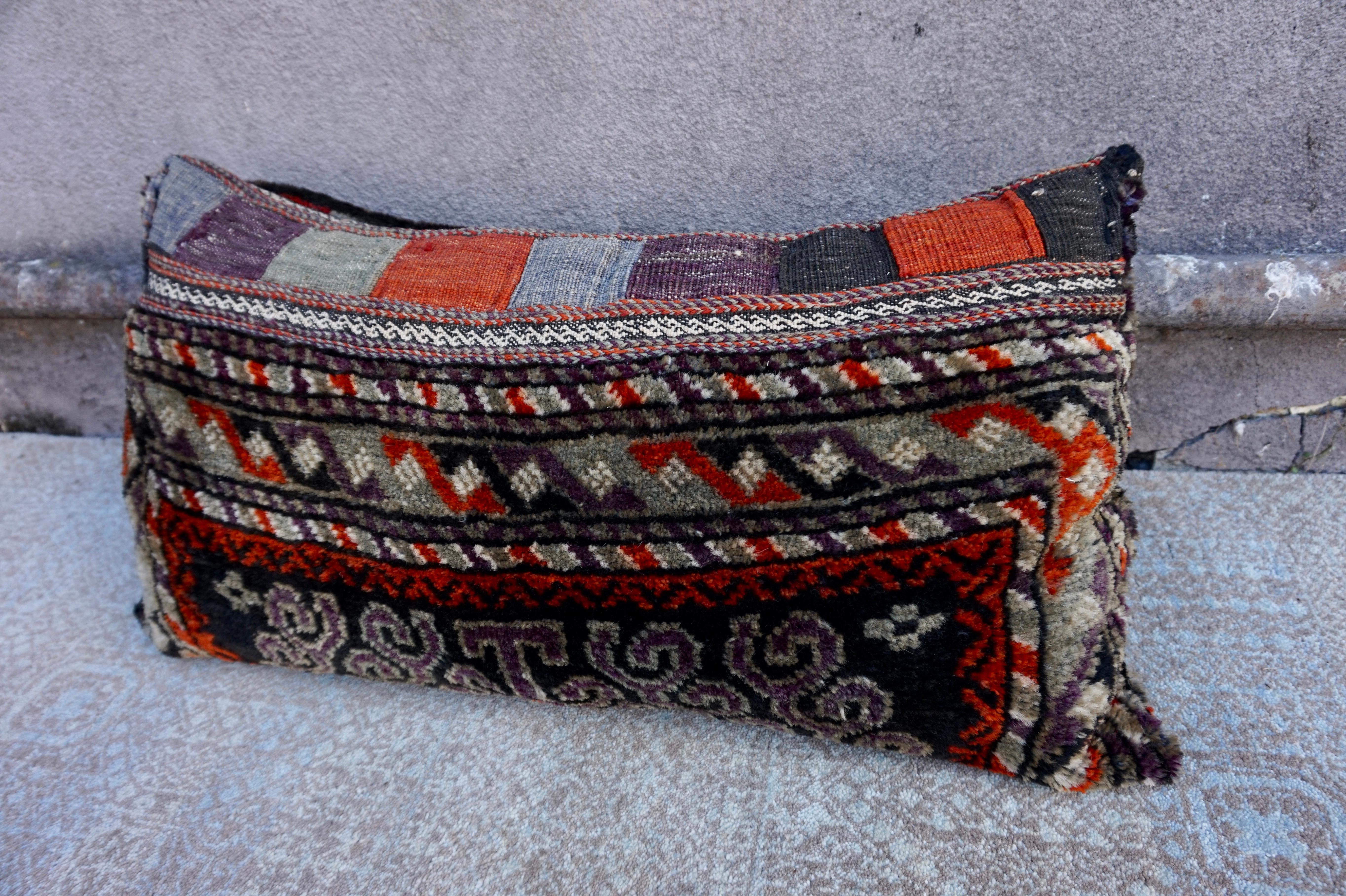 Afghan Rustic Hand-Knotted Wool Cushion Pillow with Geometric Tribal Patterns For Sale
