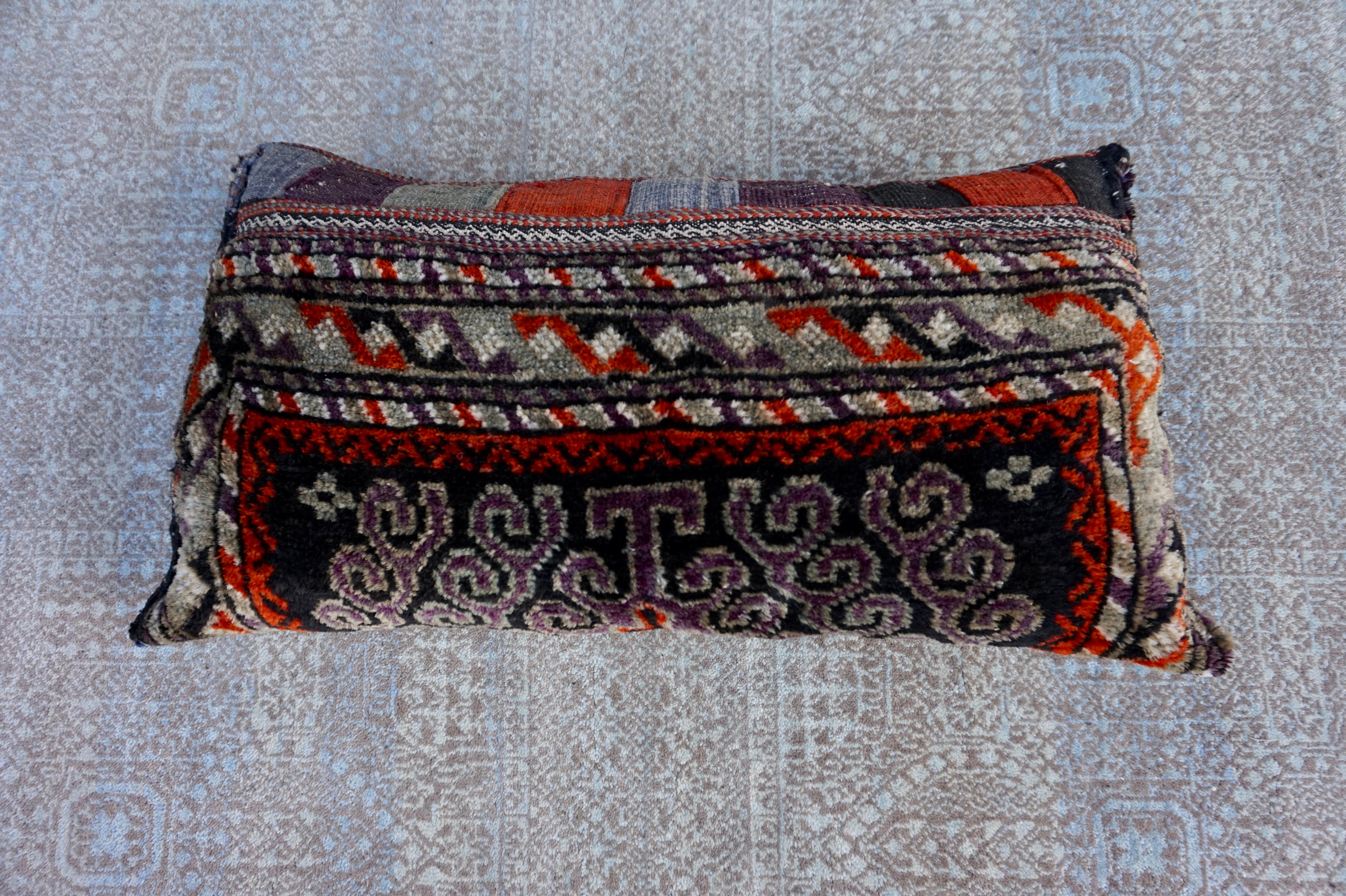 Rustic Hand-Knotted Wool Cushion Pillow with Geometric Tribal Patterns In Good Condition For Sale In Vancouver, British Columbia
