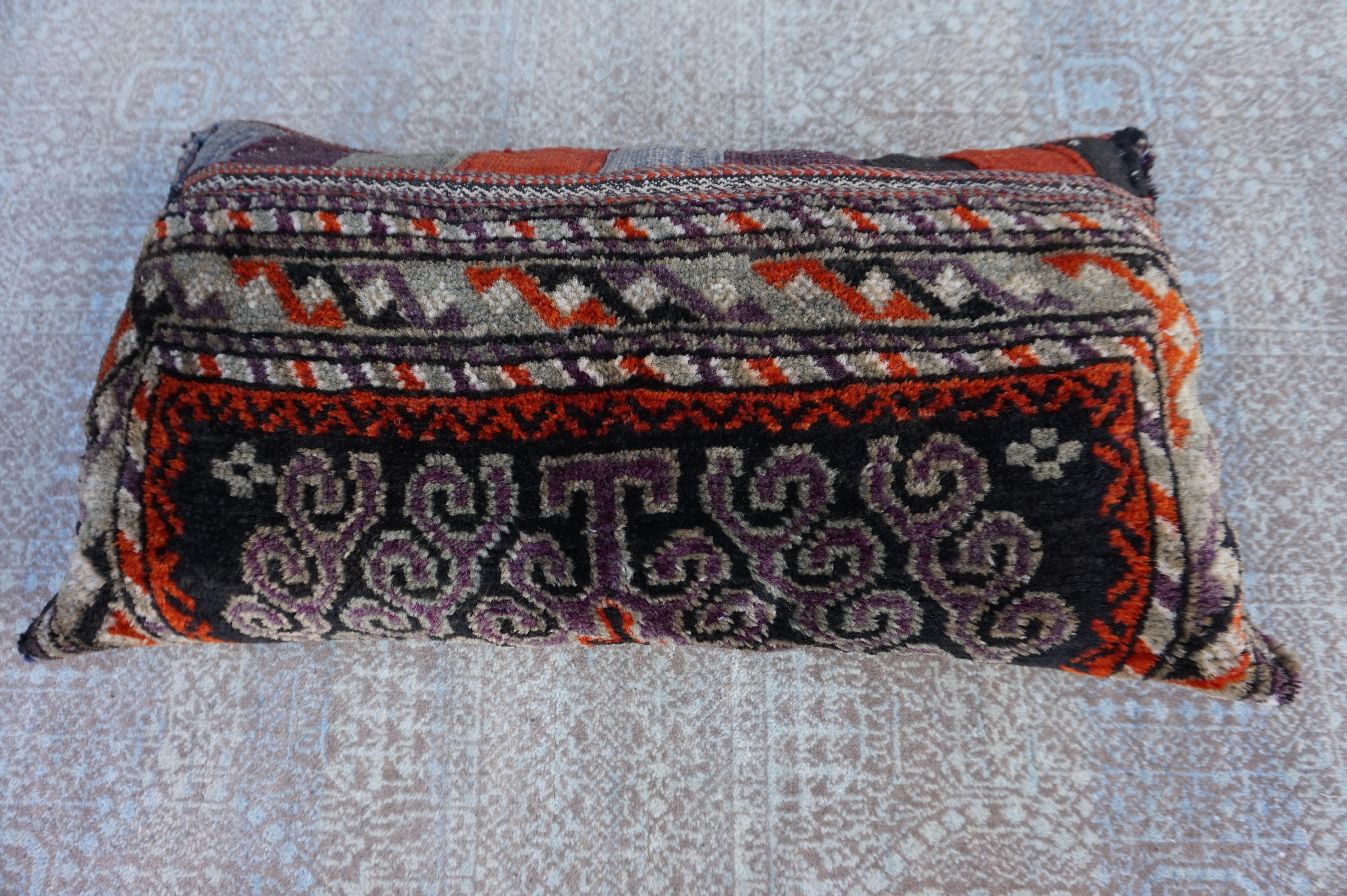 Mid-20th Century Rustic Hand-Knotted Wool Cushion Pillow with Geometric Tribal Patterns For Sale