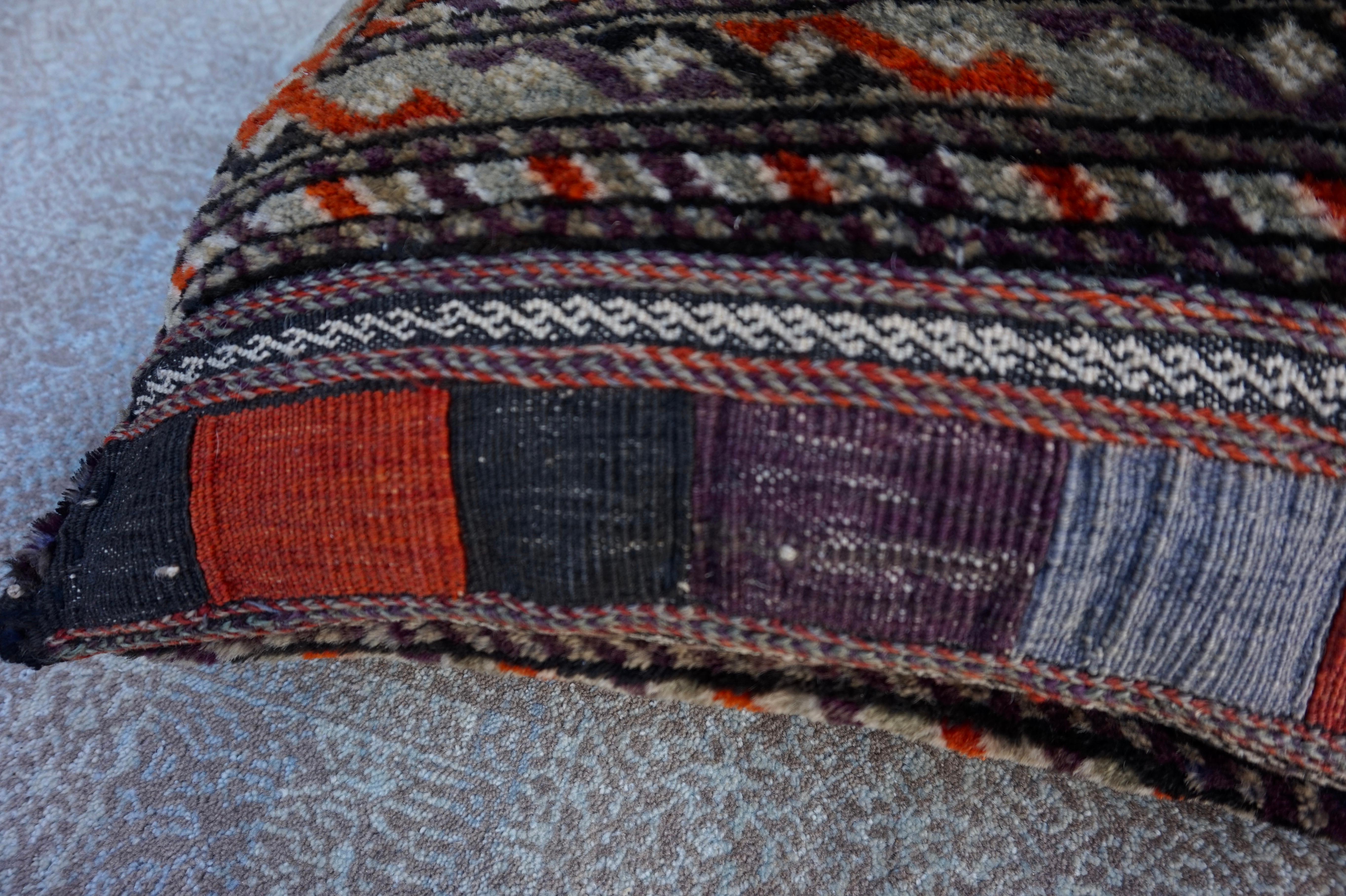 Rustic Hand-Knotted Wool Cushion Pillow with Geometric Tribal Patterns For Sale 4