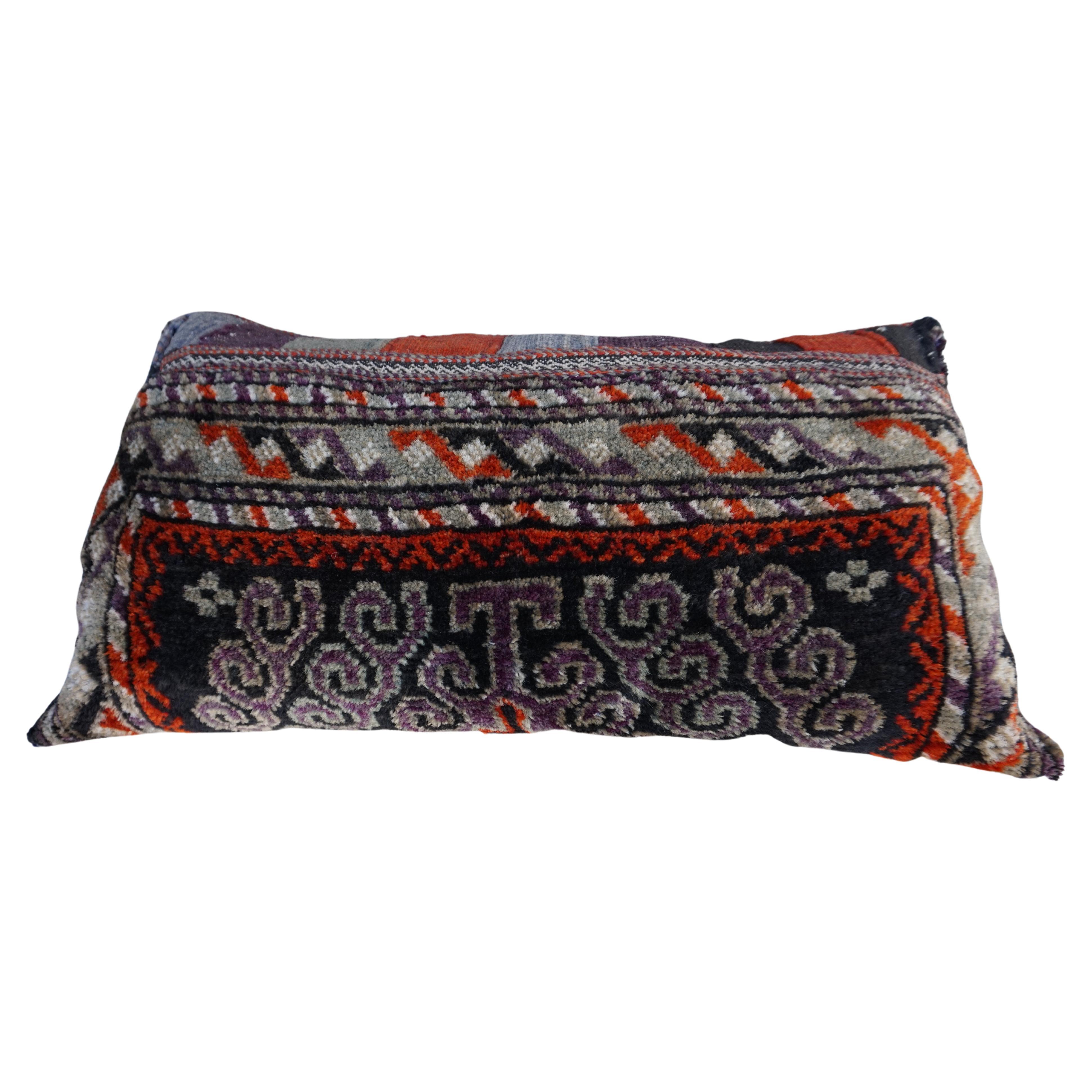Rustic Hand-Knotted Wool Cushion Pillow with Geometric Tribal Patterns For Sale