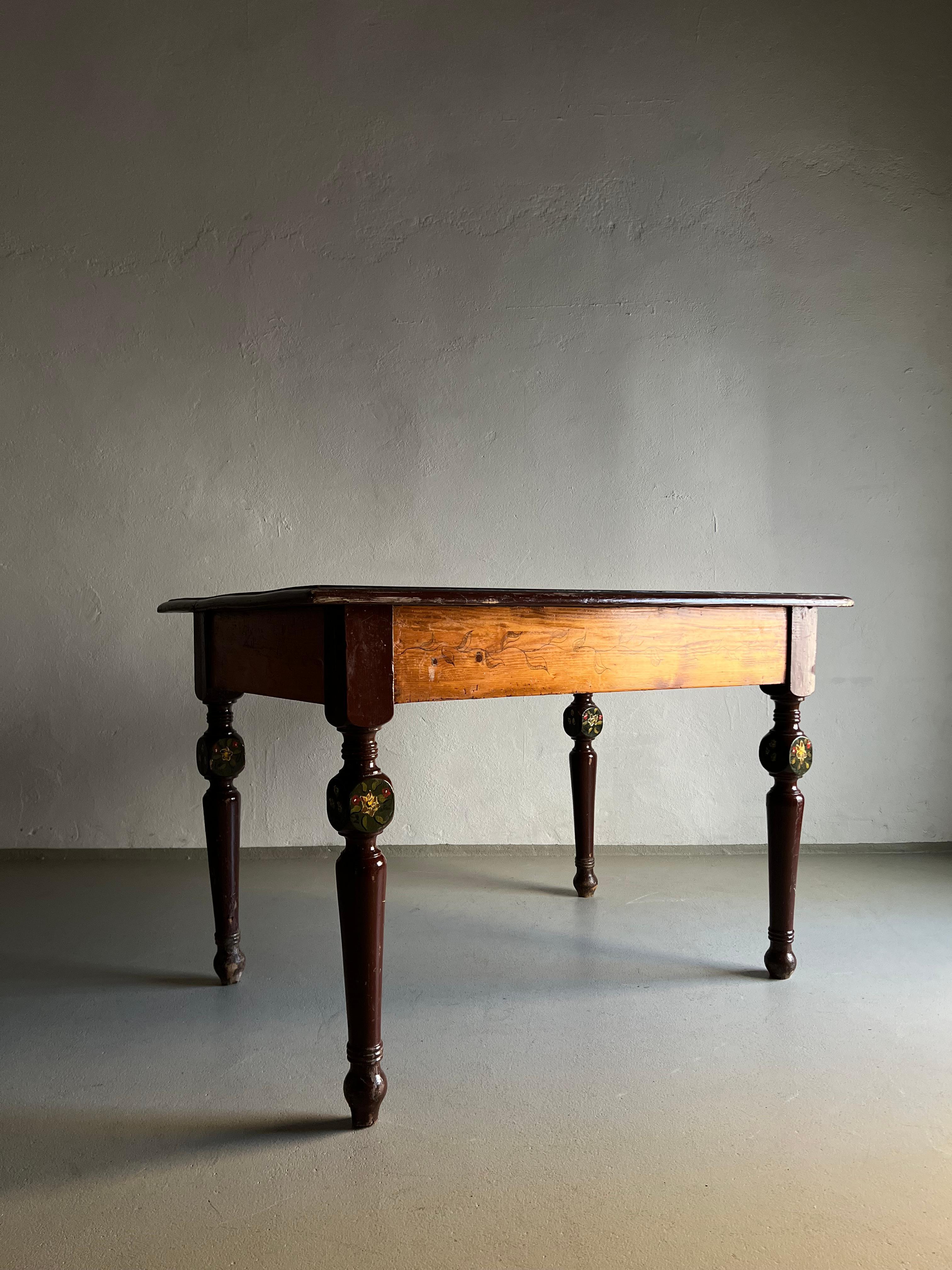 Rustic Hand-Painted Carved Dining Table, Belgium For Sale 1
