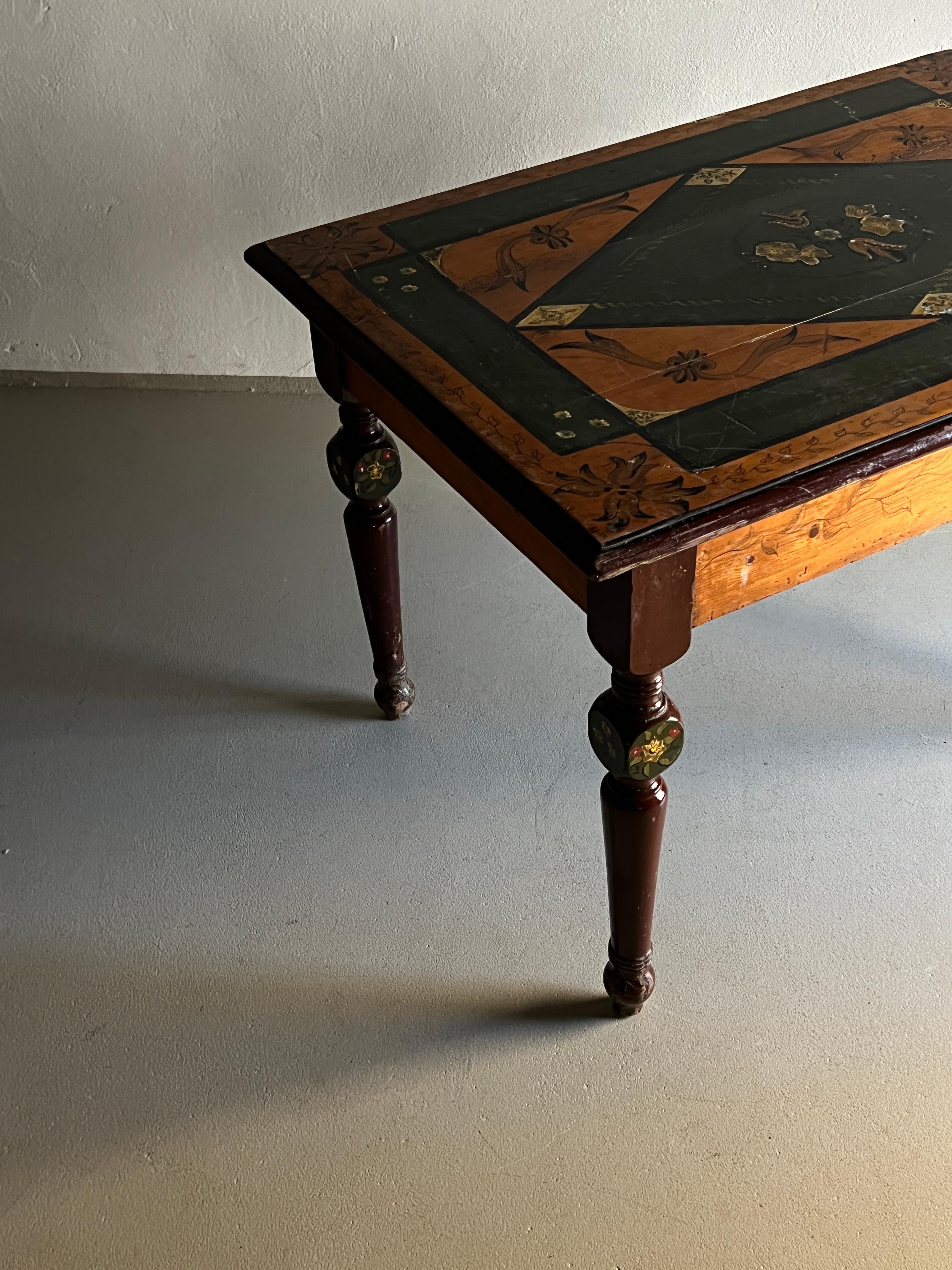 Rustic Hand-Painted Carved Dining Table, Belgium For Sale 5