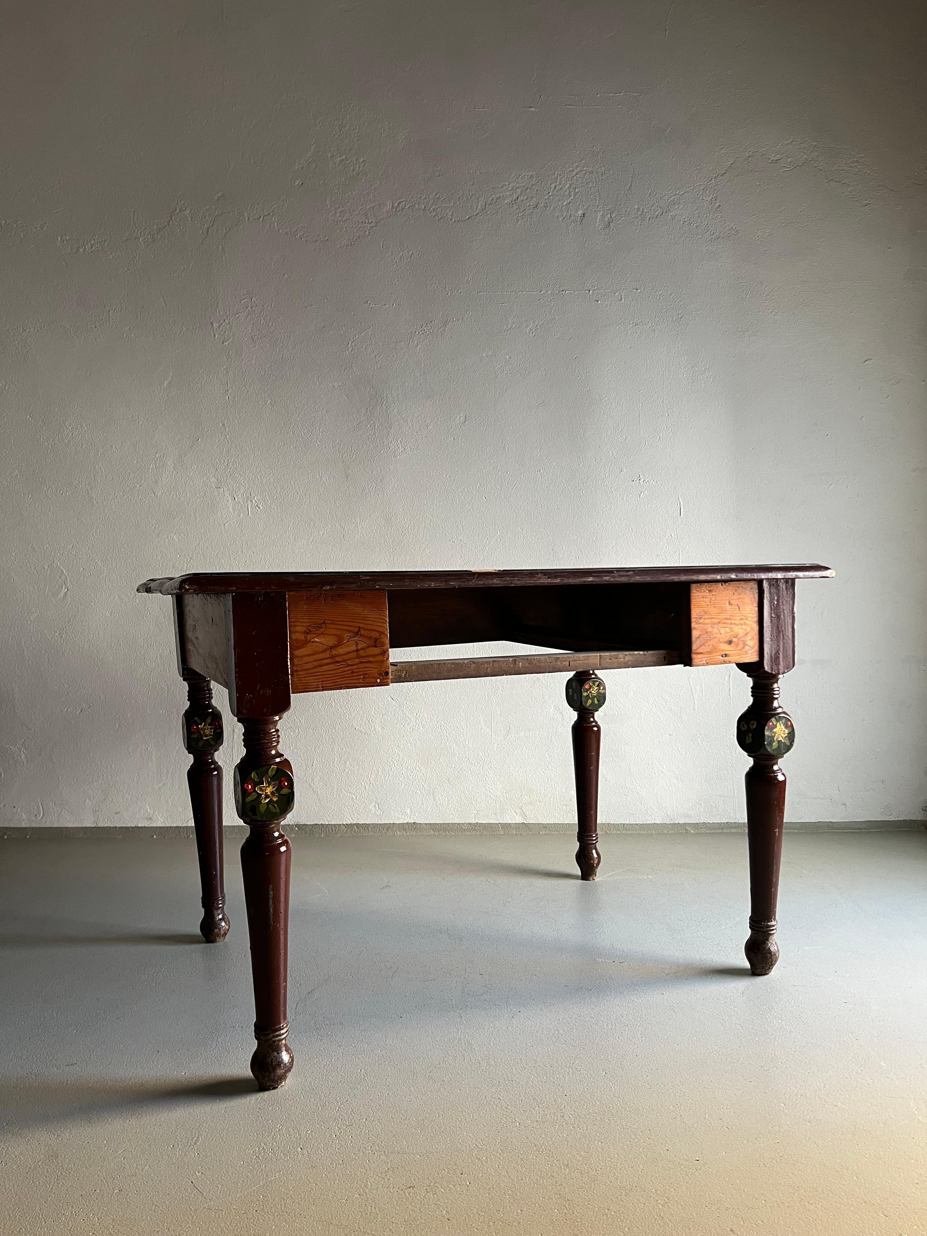 20th Century Rustic Hand-Painted Carved Dining Table, Belgium For Sale
