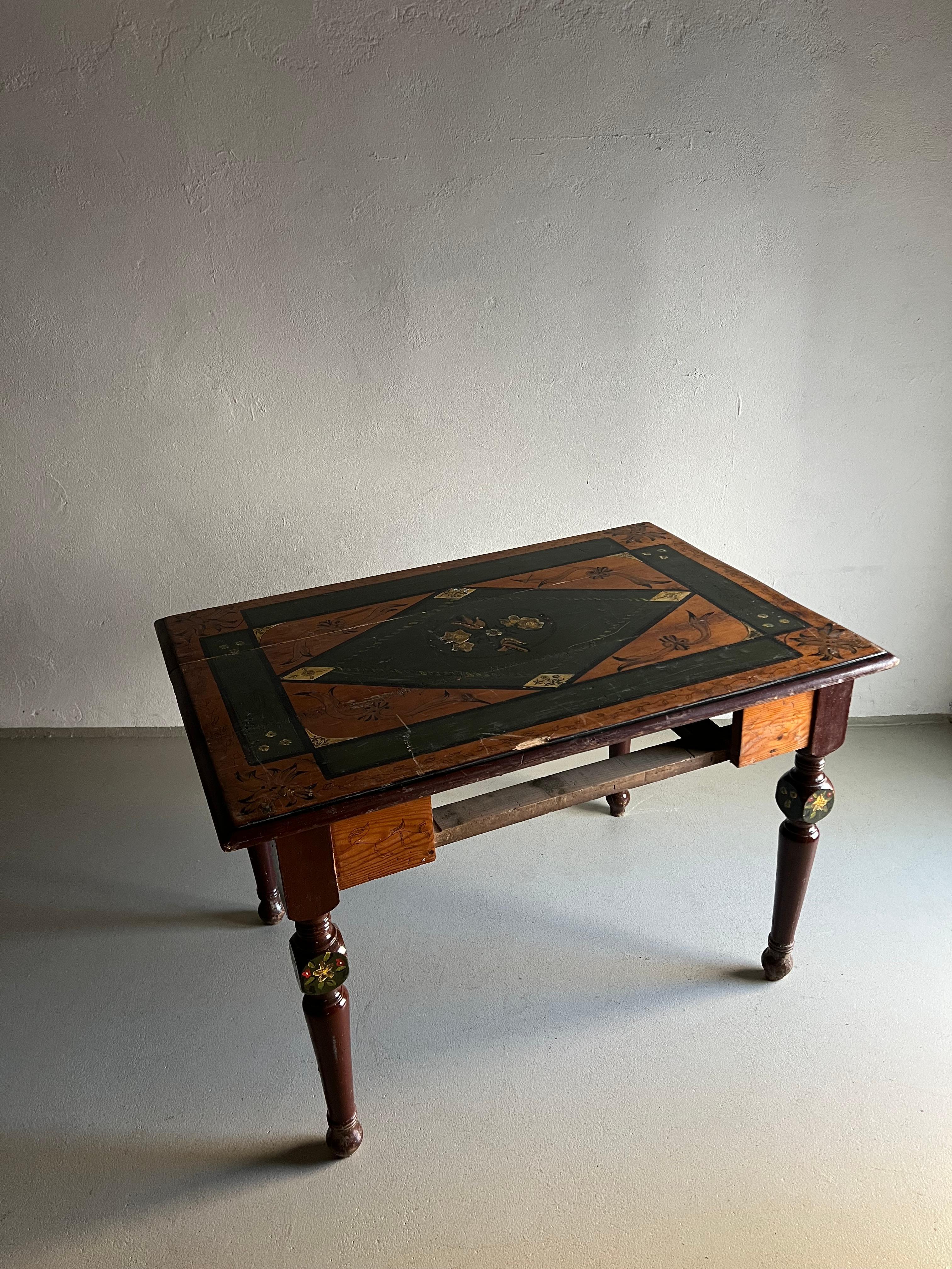 Belgian Rustic Hand-Painted Carved Dining Table, Belgium For Sale
