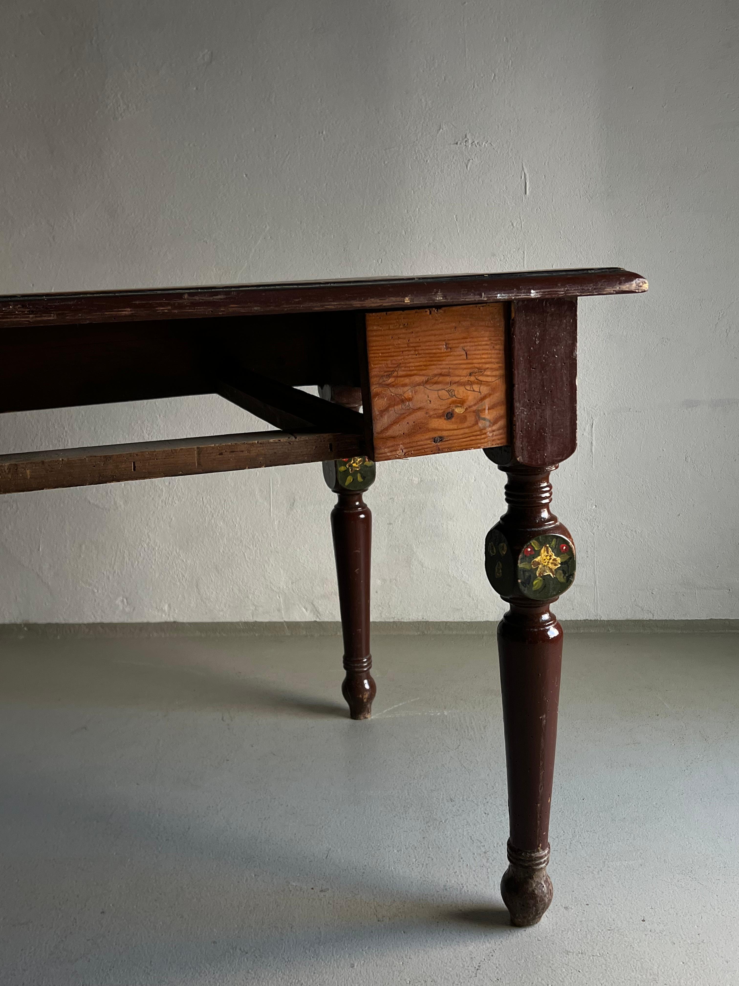 Wood Rustic Hand-Painted Carved Dining Table, Belgium For Sale