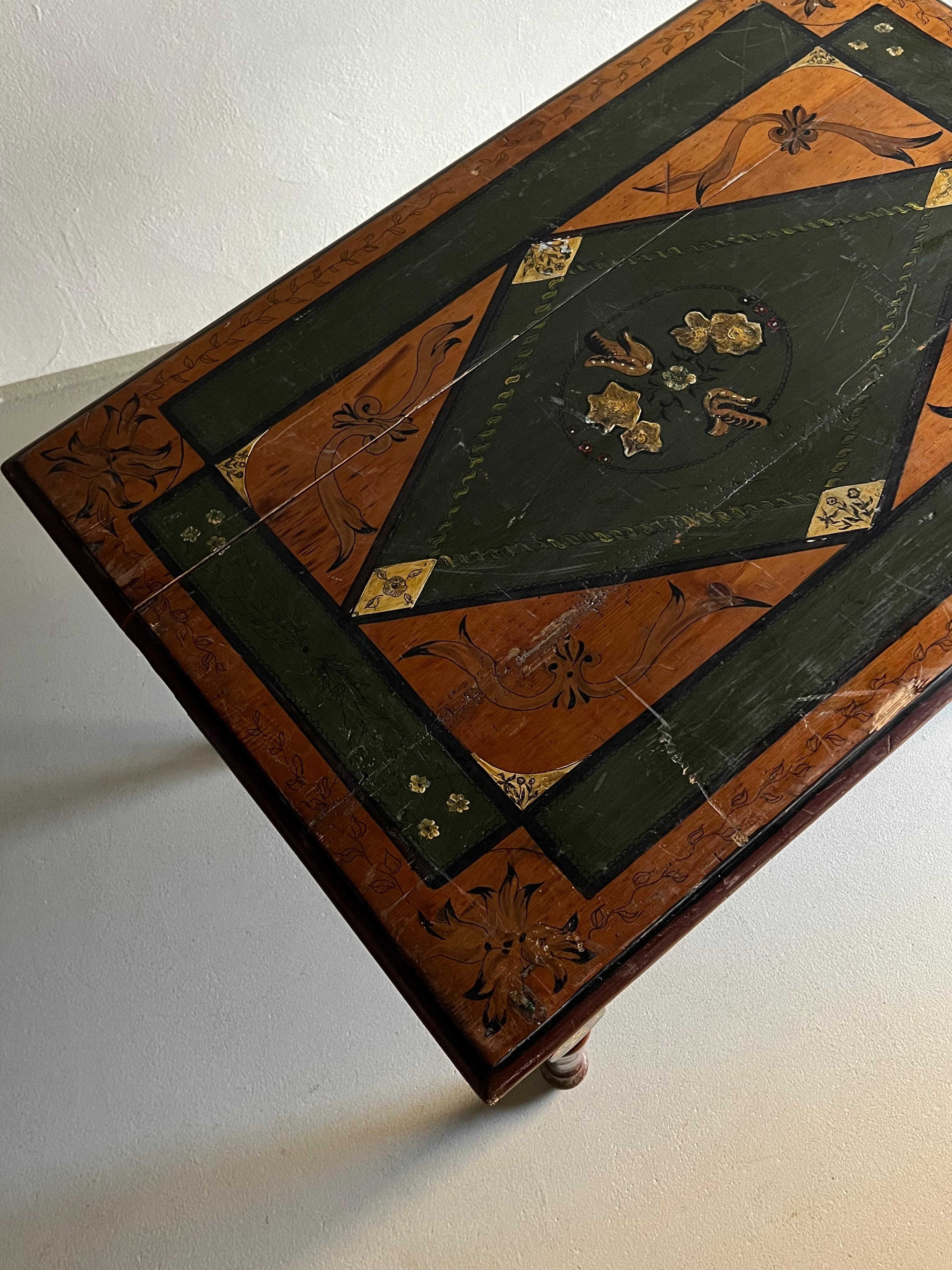 Rustic Hand-Painted Carved Dining Table, Belgium In Fair Condition For Sale In Rīga, LV