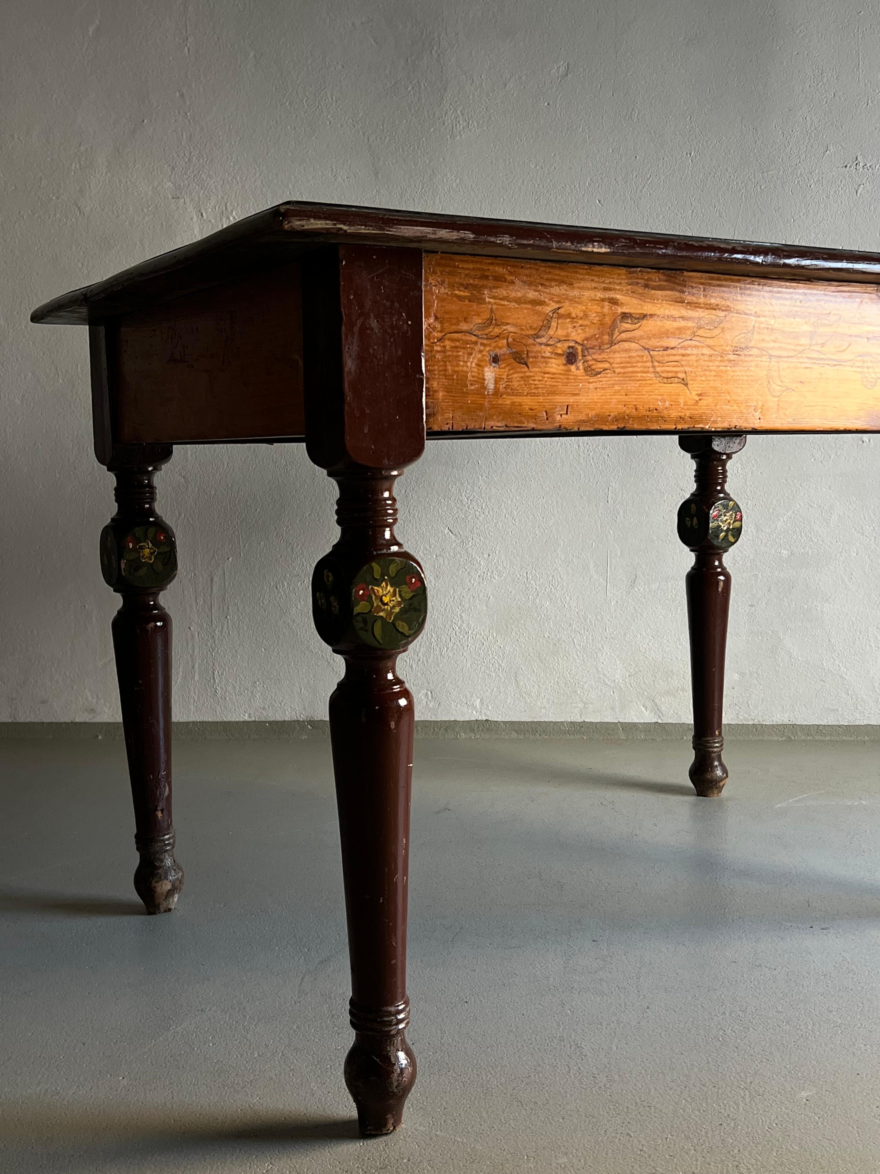 Rustic Hand-Painted Carved Dining Table, Belgium For Sale 2