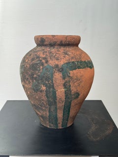 Rustic Hand-Painted Terracotta Storage Jar with Green Abstract Motif