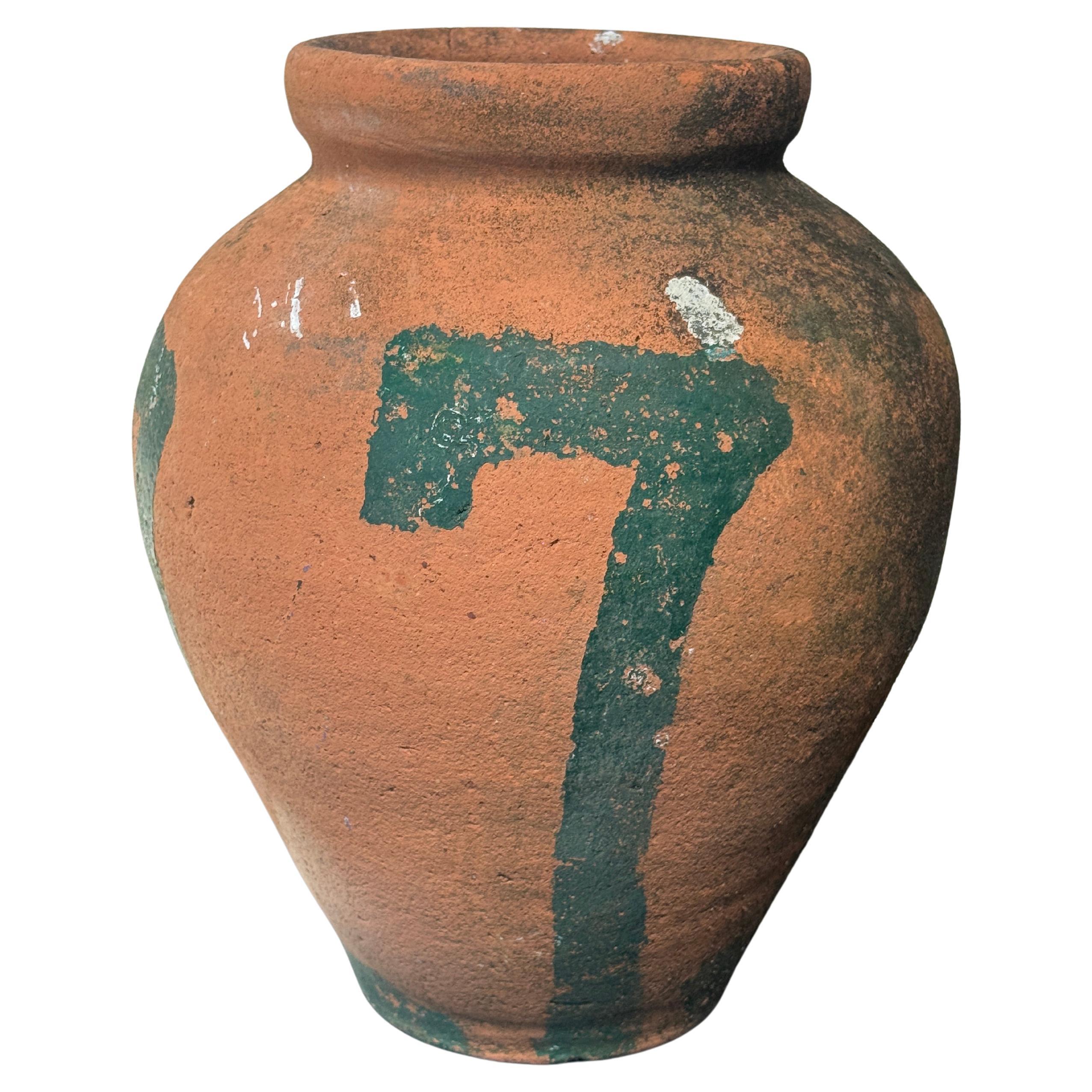 Pot de rangement rustique en terre cuite peint à la main avec motif abstrait vert en vente