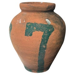 Pot de rangement rustique en terre cuite peint à la main avec motif abstrait vert