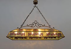 Rustic Hand-Painted Wrought Iron and Glass Pendant Chandelier, 1960s