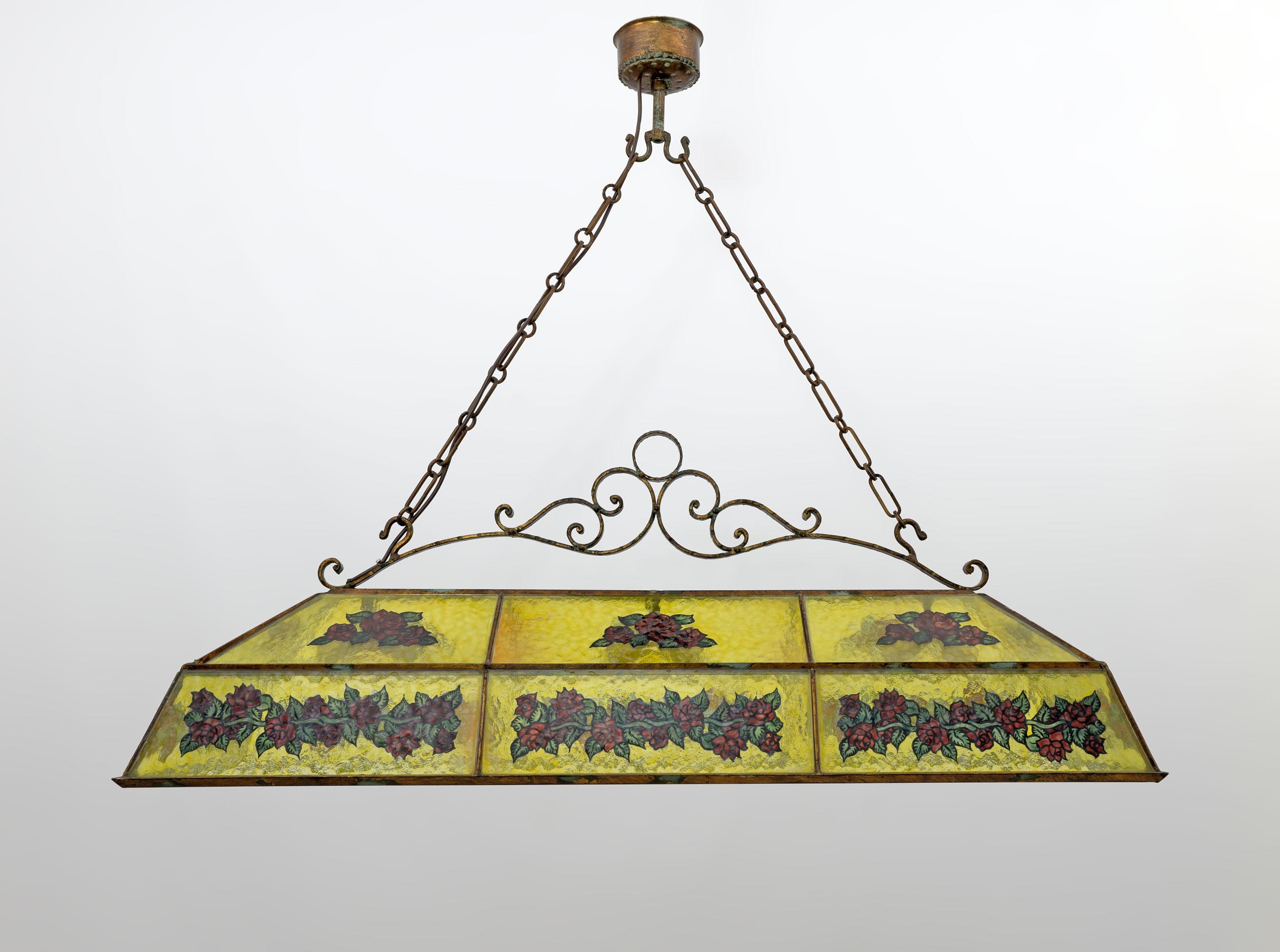 Italian Rustic Hand-Painted Wrought Iron and Glass Pendant Chandelier, 1960s For Sale