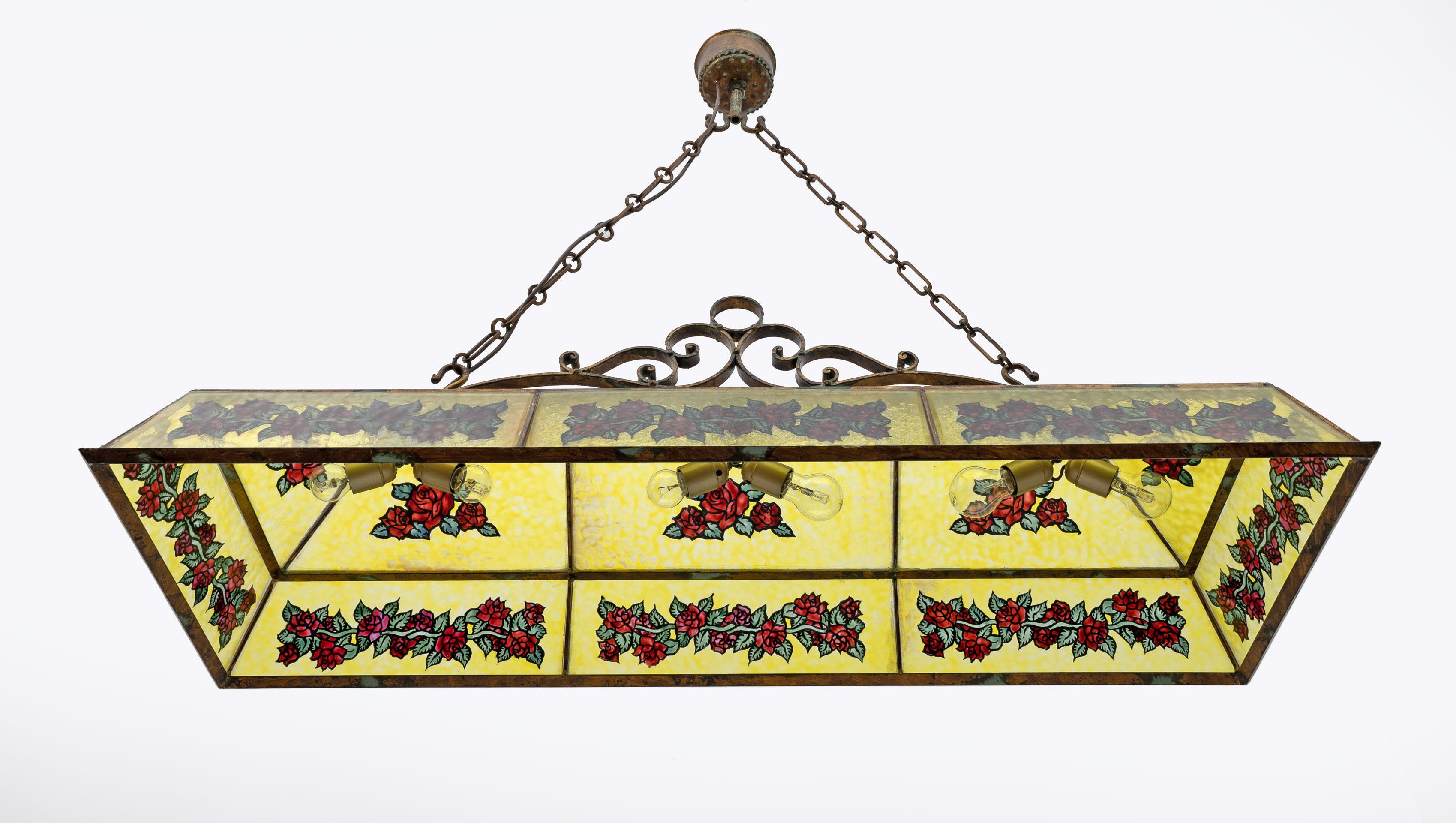 Mid-20th Century Rustic Hand-Painted Wrought Iron and Glass Pendant Chandelier, 1960s For Sale
