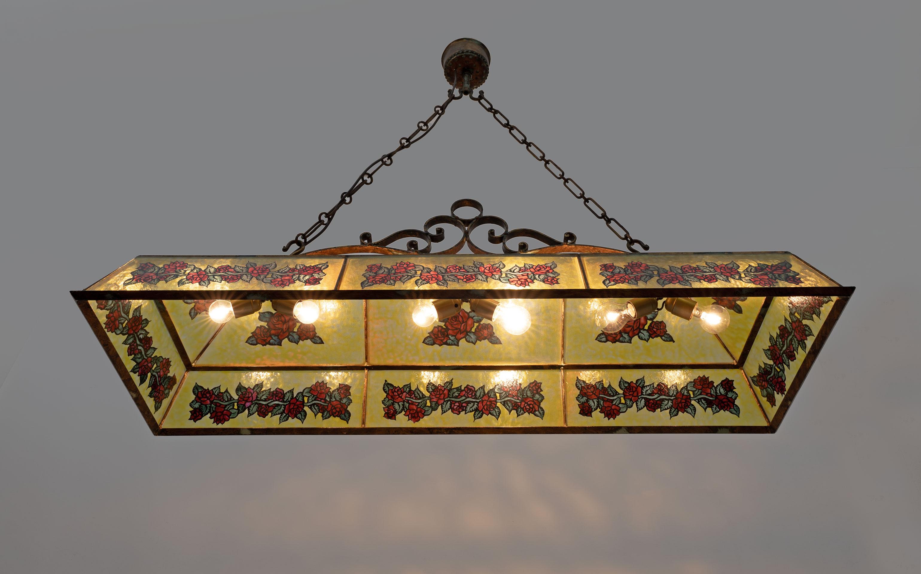 Rustic Hand-Painted Wrought Iron and Glass Pendant Chandelier, 1960s For Sale 1