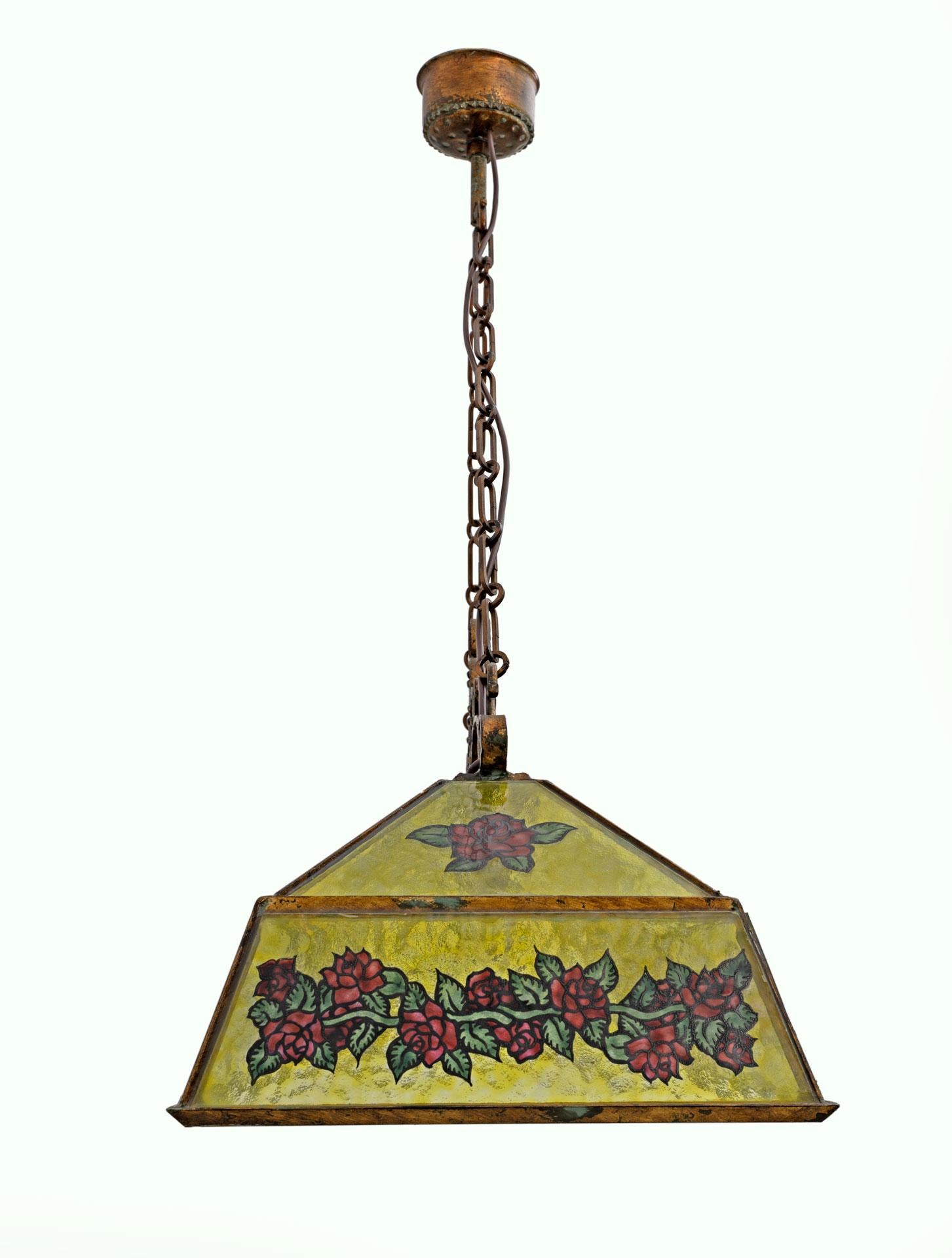 Rustic Hand-Painted Wrought Iron and Glass Pendant Chandelier, 1960s For Sale 2