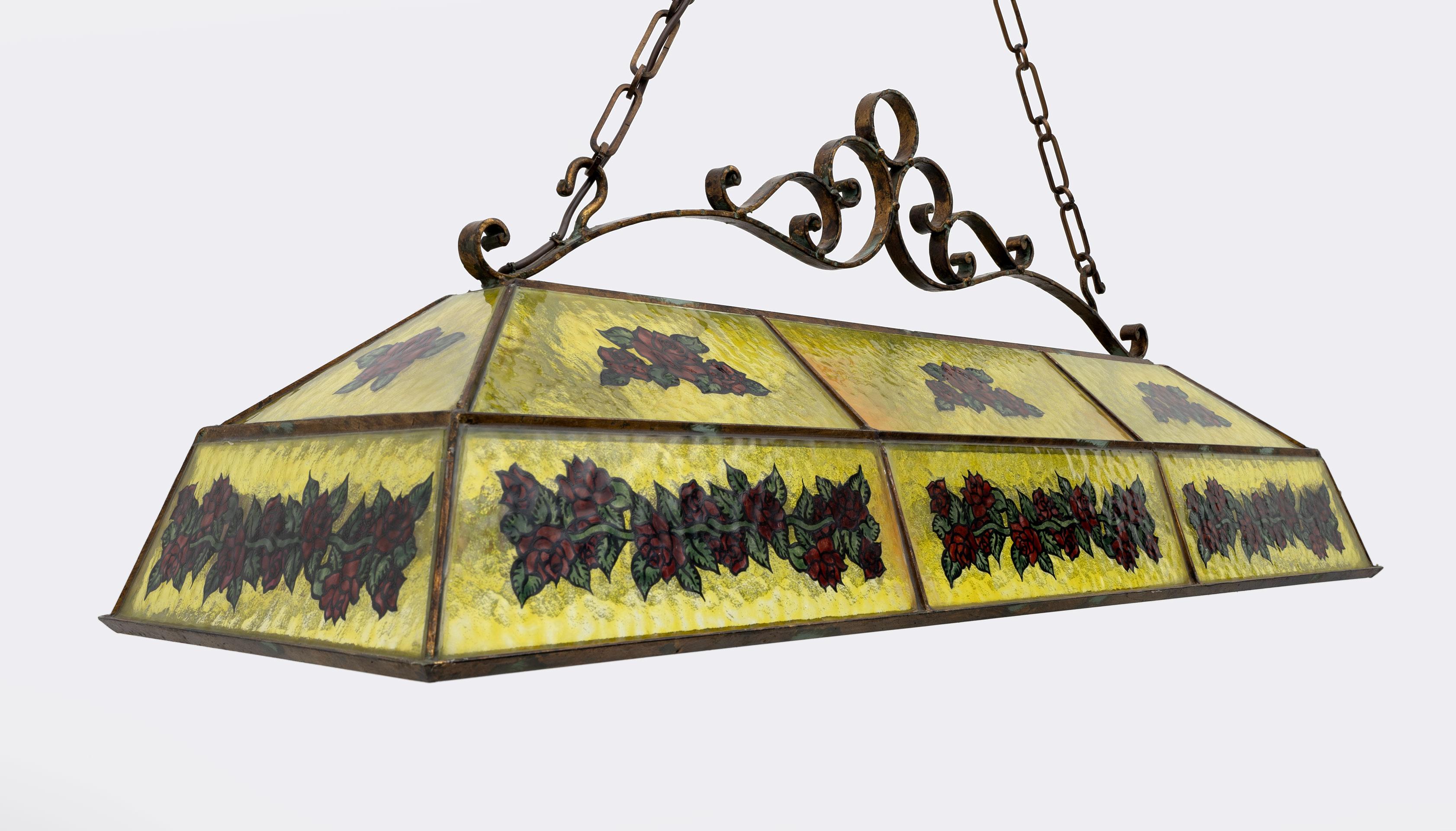 Rustic Hand-Painted Wrought Iron and Glass Pendant Chandelier, 1960s For Sale 3