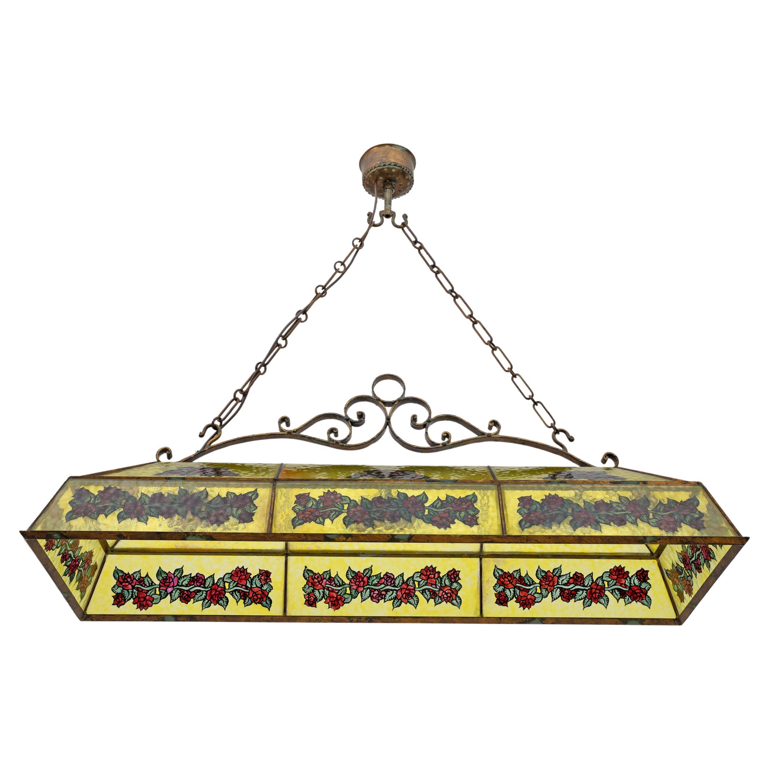 Rustic Hand-Painted Wrought Iron and Glass Pendant Chandelier, 1960s