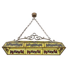 Rustic Hand-Painted Wrought Iron and Glass Pendant Chandelier, 1960s